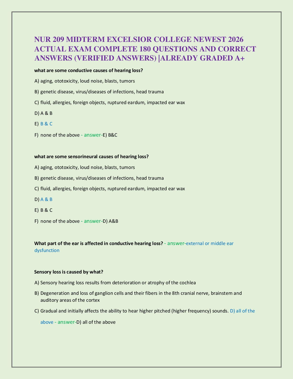 Recommended document preview for NUR 209 MIDTERM EXCELSIOR COLLEGE NEWEST 2026   ACTUAL EXAM COMPLETE 180 QUESTIONS AND CORRECT  ANSWERS (VERIFIED ANSWERS) |ALREADY GRADED A+