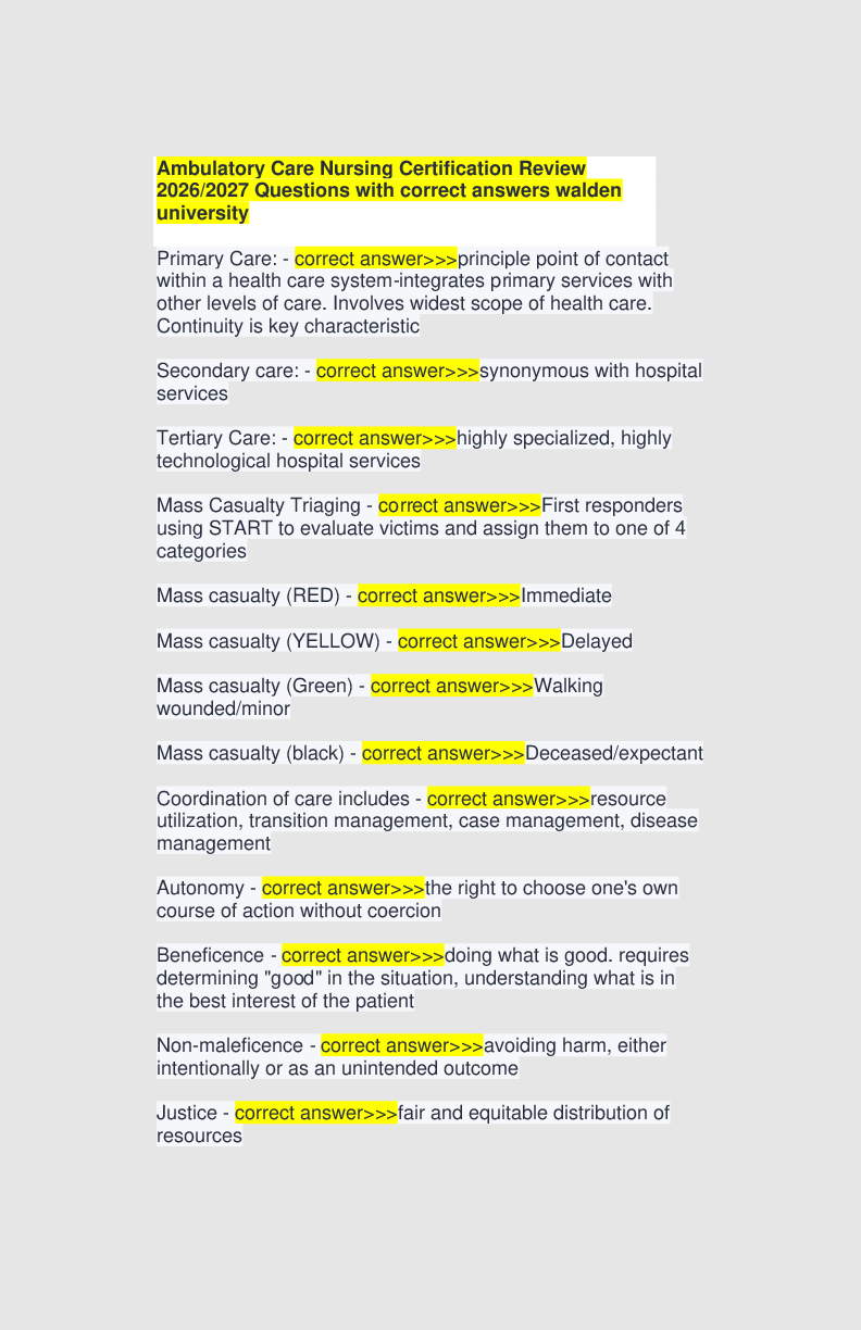 Preview of Ambulatory Care Nursing Certification Review 2026/2027 Questions with correct answers wald