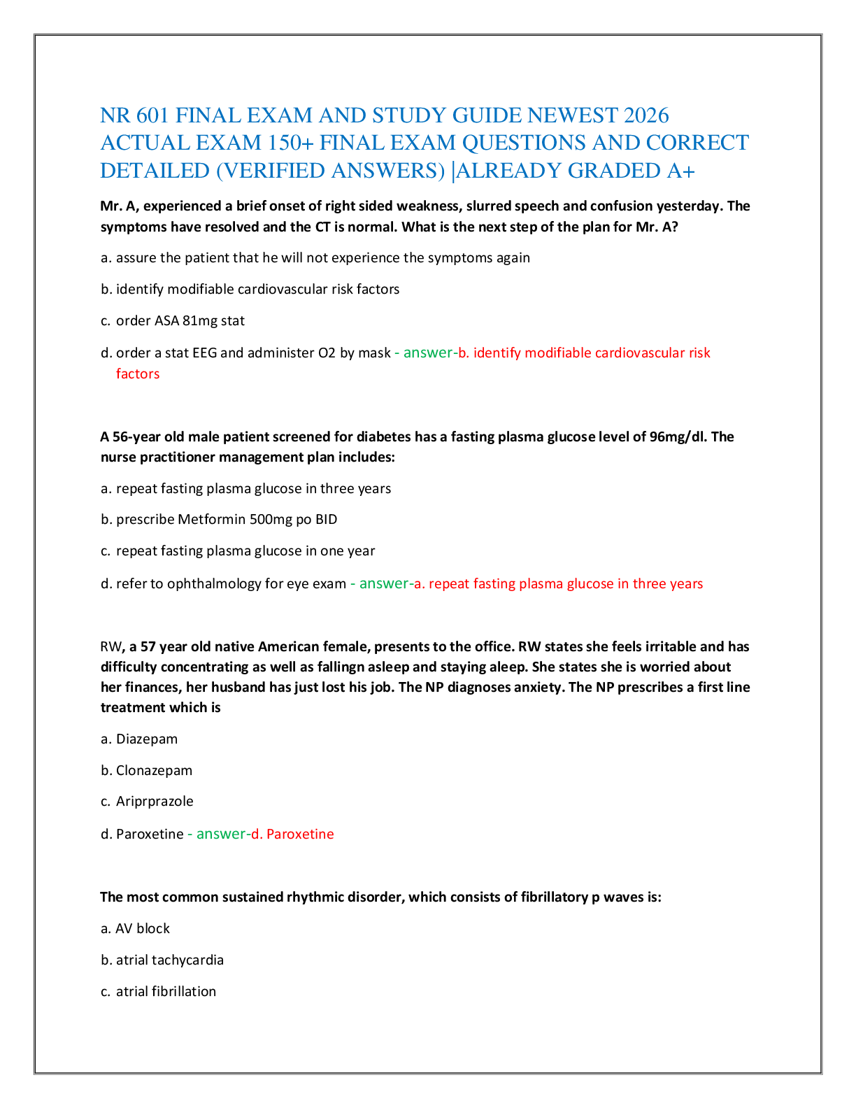 Recommended document preview for NR 601 FINAL EXAM AND STUDY GUIDE NEWEST 2026   ACTUAL EXAM 150+ FINAL EXAM QUESTIONS AND CORRECT   DETAILED (VERIFIED ANSWERS) |ALREADY GRADED A+