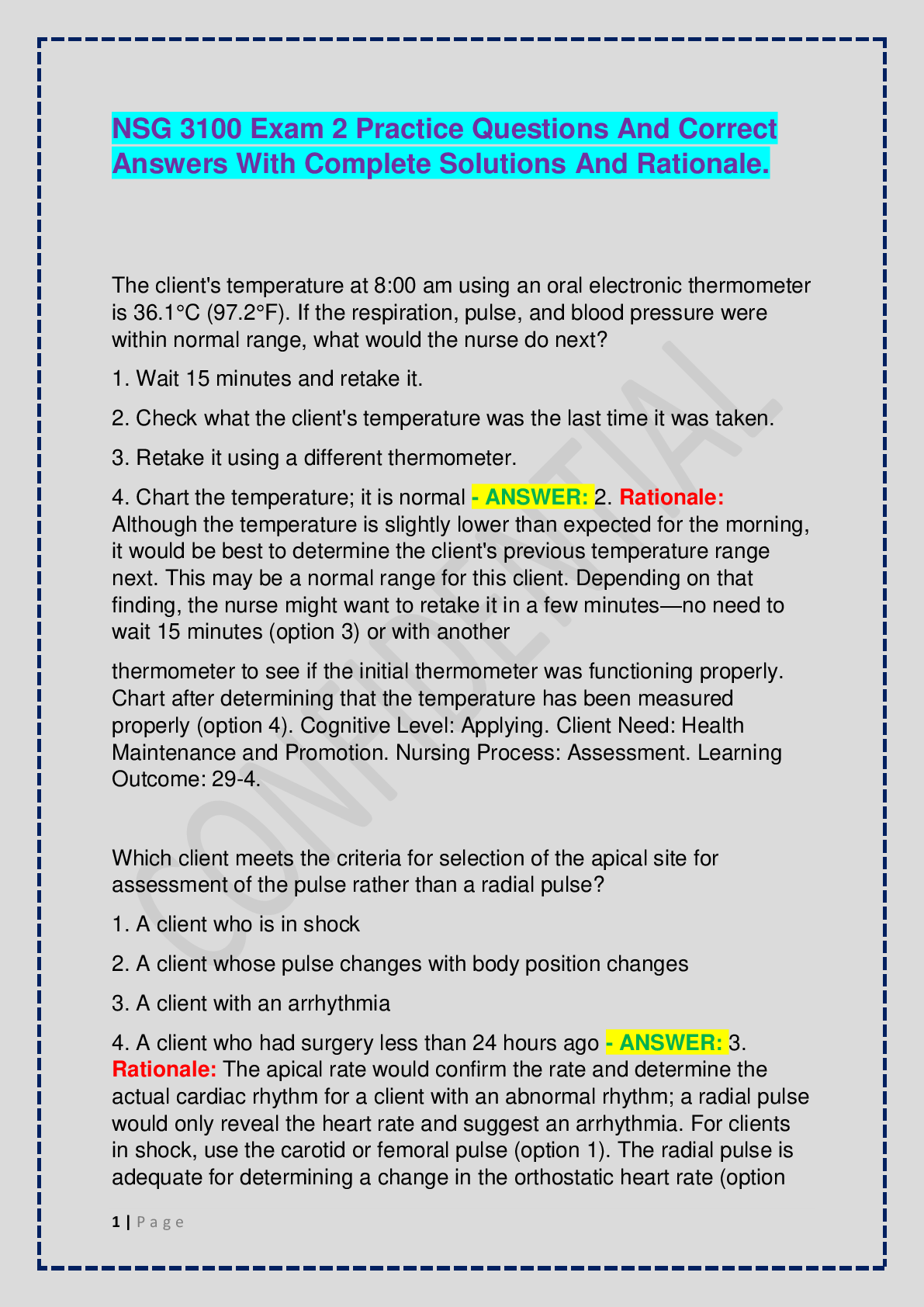 Recommended document preview for NSG 3100 Exam 2 Practice Questions And Correct Answers With Complete Solutions And Rationale.