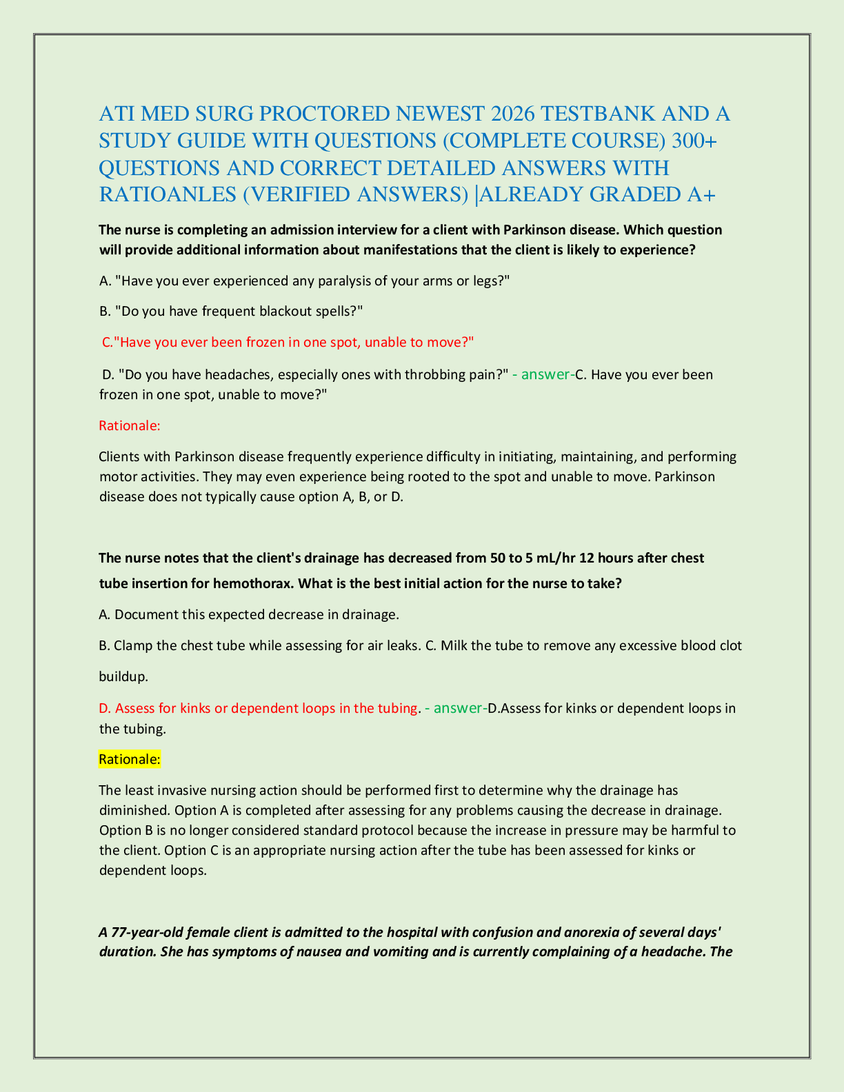 Recommended document preview for ATI MED SURG PROCTORED NEWEST 2026 TESTBANK AND A   STUDY GUIDE WITH QUESTIONS (COMPLETE COURSE) 300+   QUESTIONS AND CORRECT DETAILED ANSWERS WITH  RATIOANLES (VERIFIED ANSWERS) |ALREADY GRADED A+