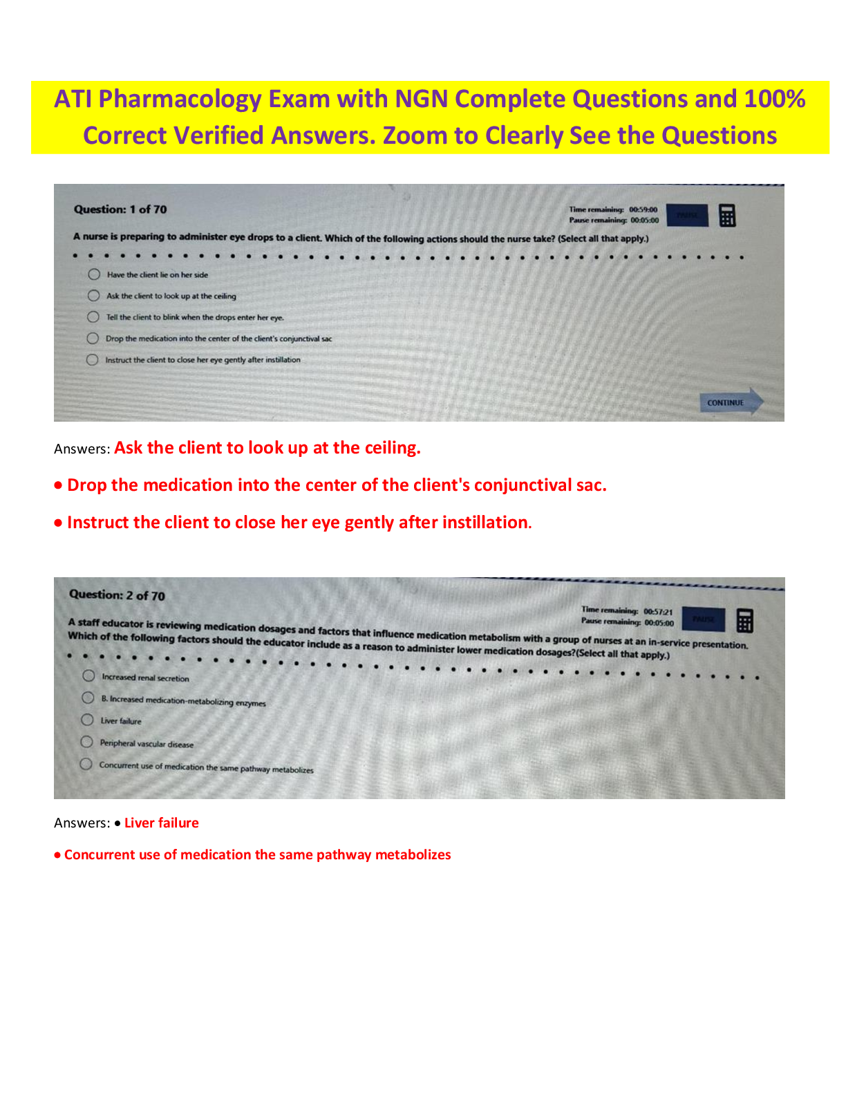 Preview image for Access the ATI RN Pharmacology 2023-2026 Proctored Exam with NGN featuring 70 questions and answers.