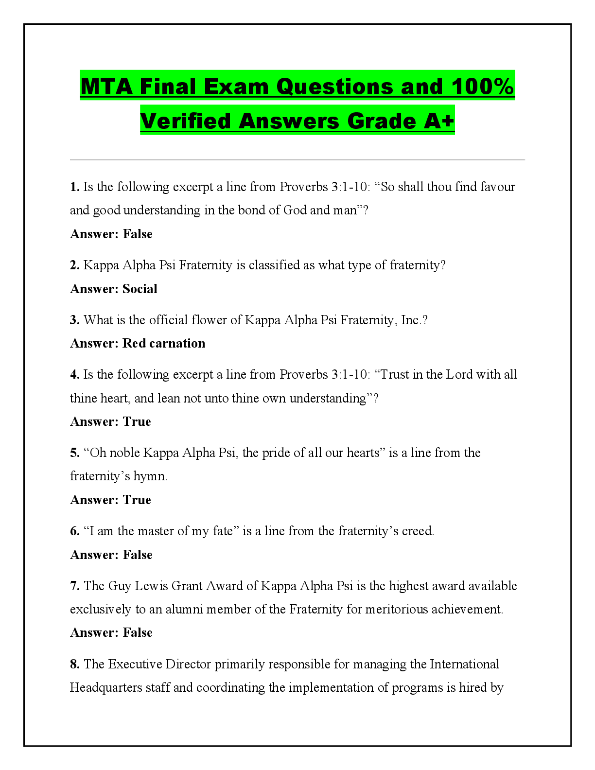 Recommended document preview for MTA Final Exam Questions and 100% Verified Answers Grade A+