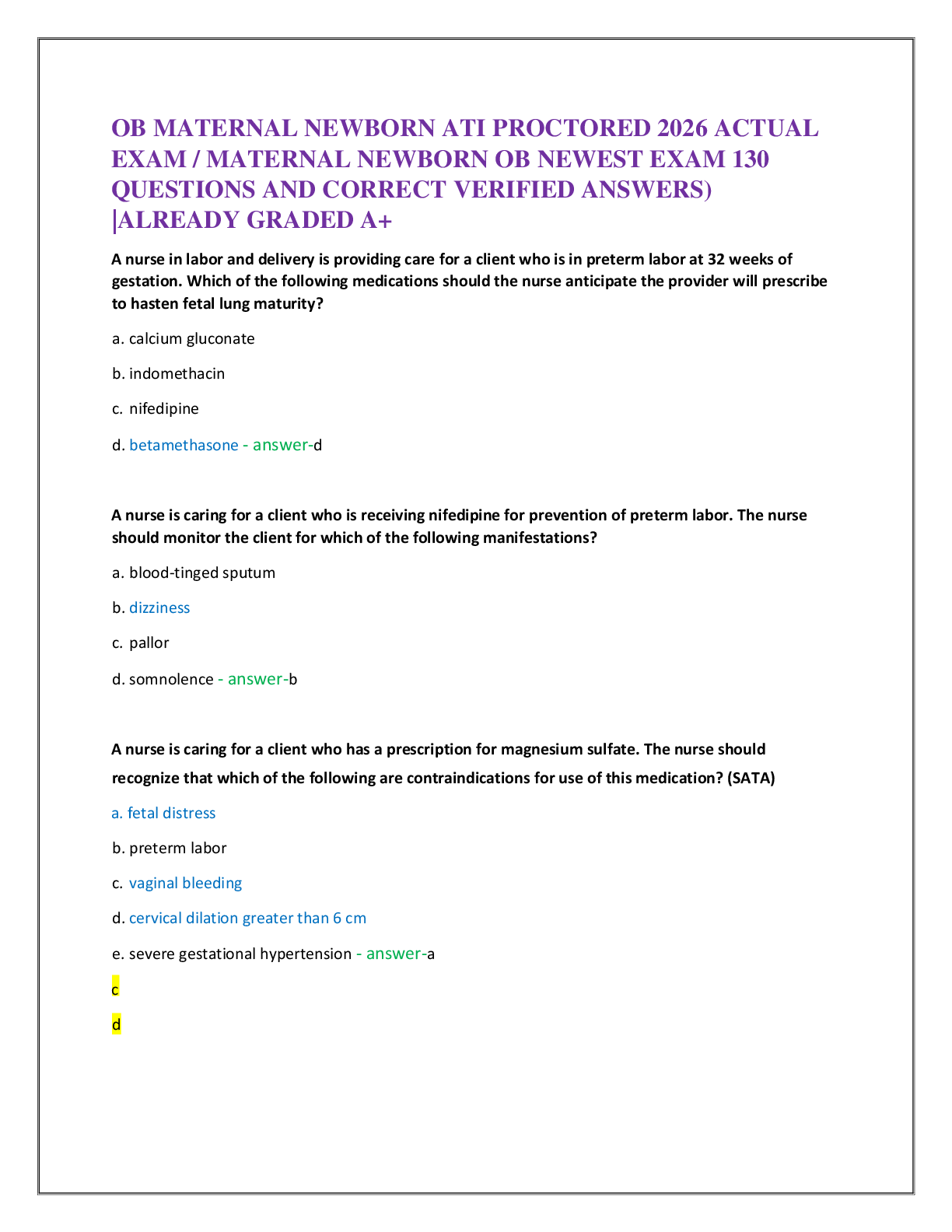 Recommended document preview for OB MATERNAL NEWBORN ATI PROCTORED 2026 ACTUAL   EXAM / MATERNAL NEWBORN OB NEWEST EXAM 130   QUESTIONS AND CORRECT VERIFIED ANSWERS)  |ALREADY GRADED A+