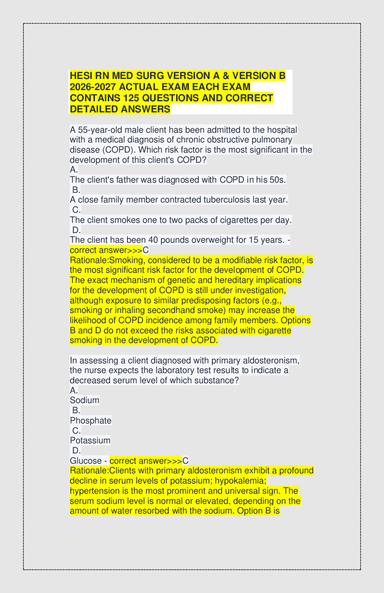 Preview of HESI RN MED SURG VERSION A & VERSION B 2026-2027 ACTUAL EXAM EACH EXAM CONTAINS 125 QUESTI