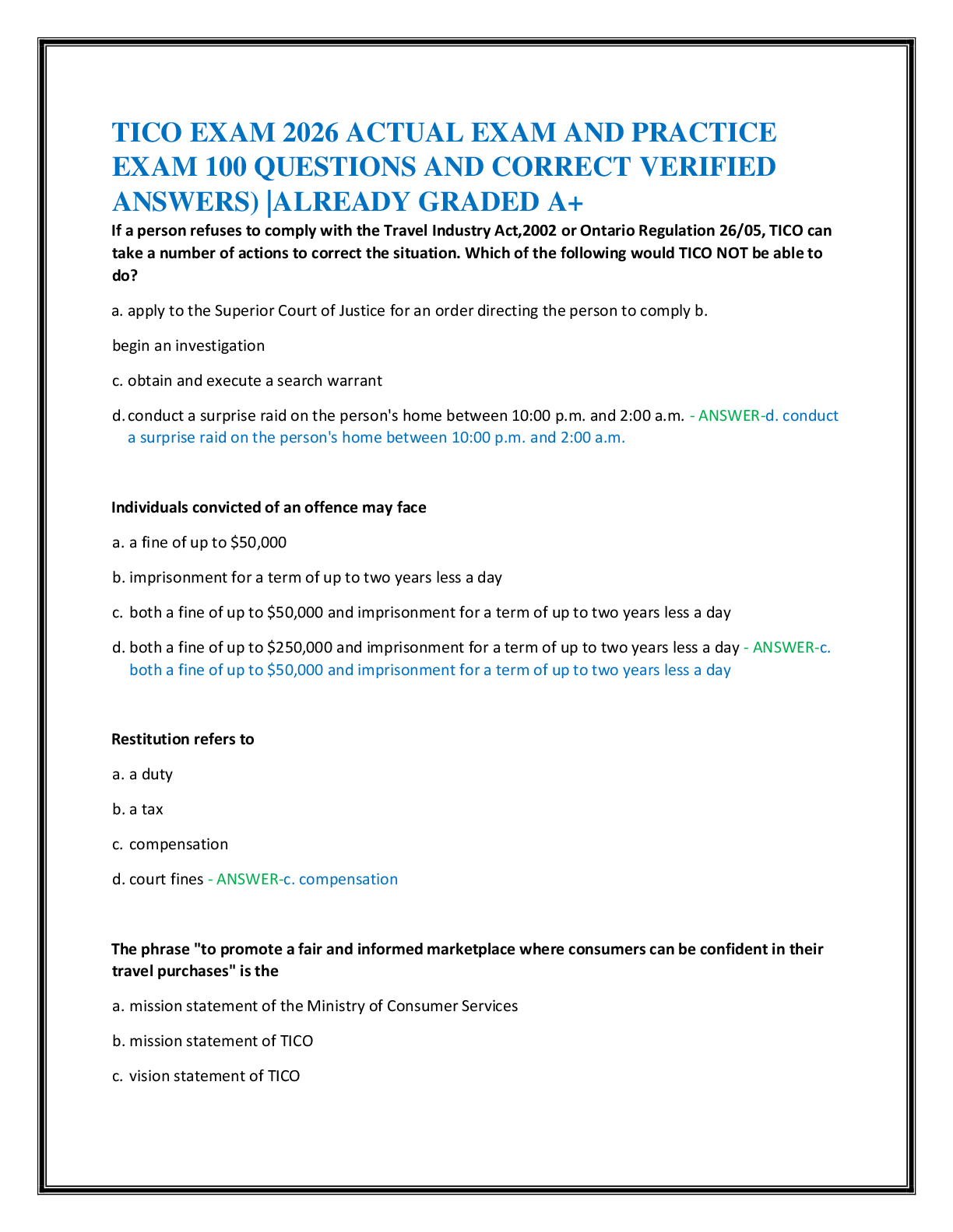 Recommended document preview for TICO EXAM 2026 ACTUAL EXAM AND PRACTICE  EXAM 100 QUESTIONS AND CORRECT VERIFIED  ANSWERS) |ALREADY GRADED A+