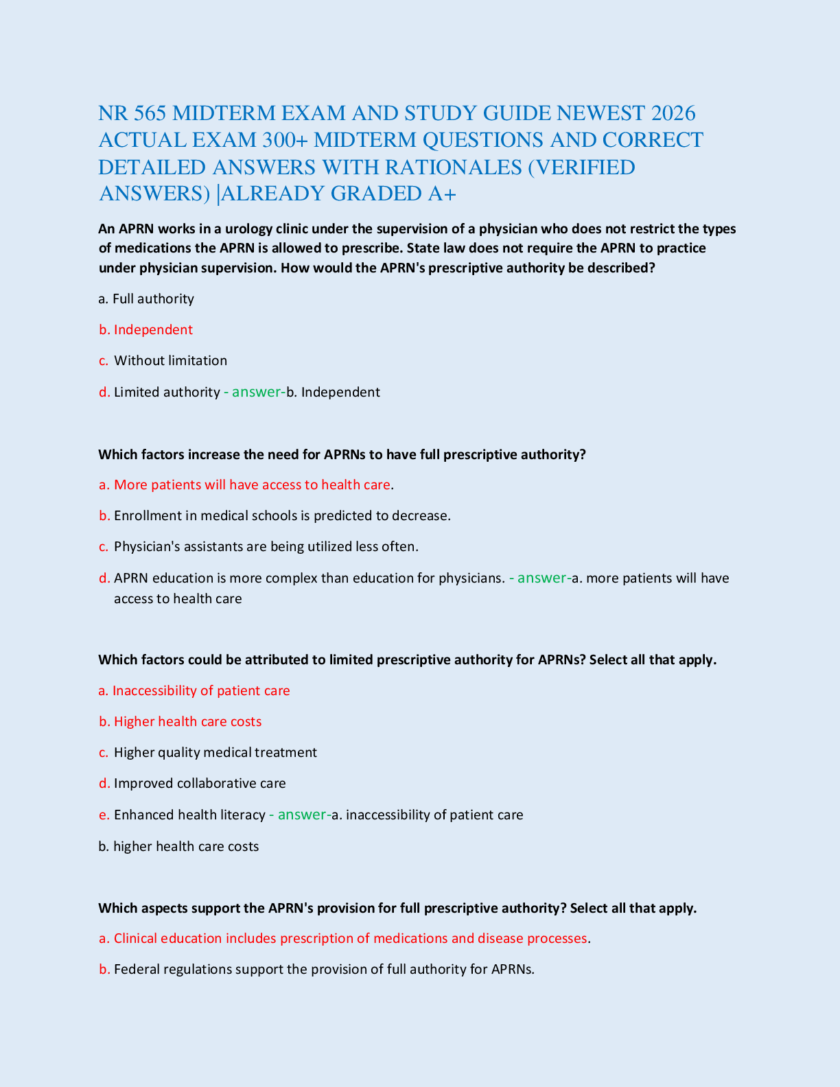 Recommended document preview for NR 565 MIDTERM EXAM AND STUDY GUIDE NEWEST 2026   ACTUAL EXAM 300+ MIDTERM QUESTIONS AND CORRECT   DETAILED ANSWERS WITH RATIONALES (VERIFIED  ANSWERS) |ALREADY GRADED A+