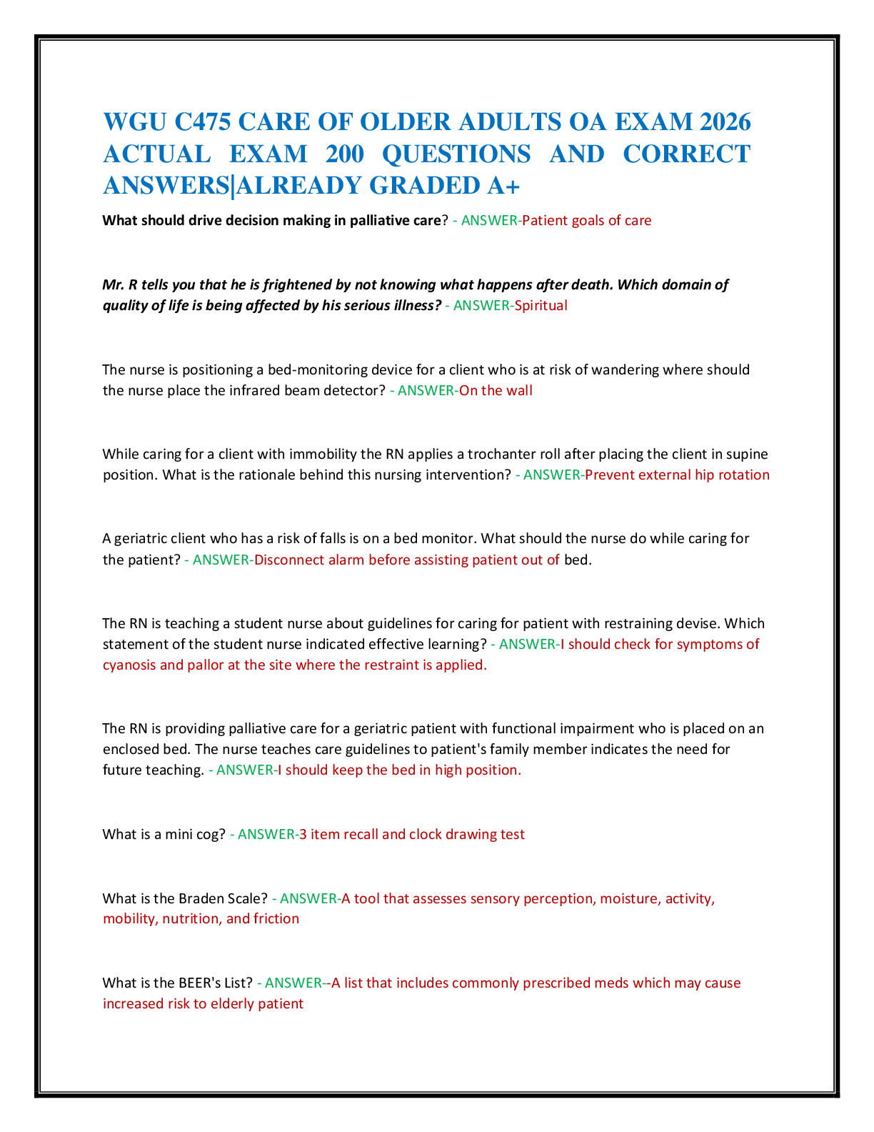 Preview of WGU C475 CARE OF OLDER ADULTS OA EXAM 2026  ACTUAL EXAM 200 QUESTIONS AND CORRECT   ANSWER
