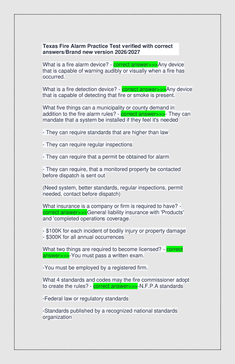 Recommended document preview for Texas Fire Alarm Practice Test verified with correct answers/Brand new version 2026/2027