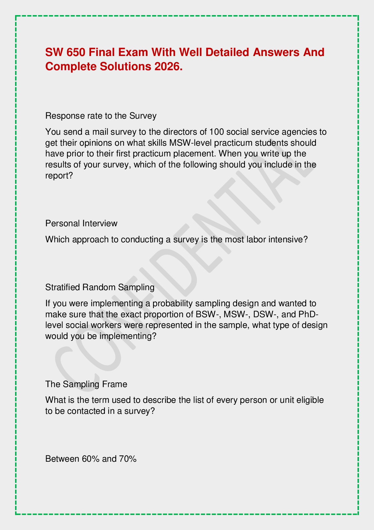 Recommended document preview for SW 650 Final Exam With Well Detailed Answers And Complete Solutions 2026.