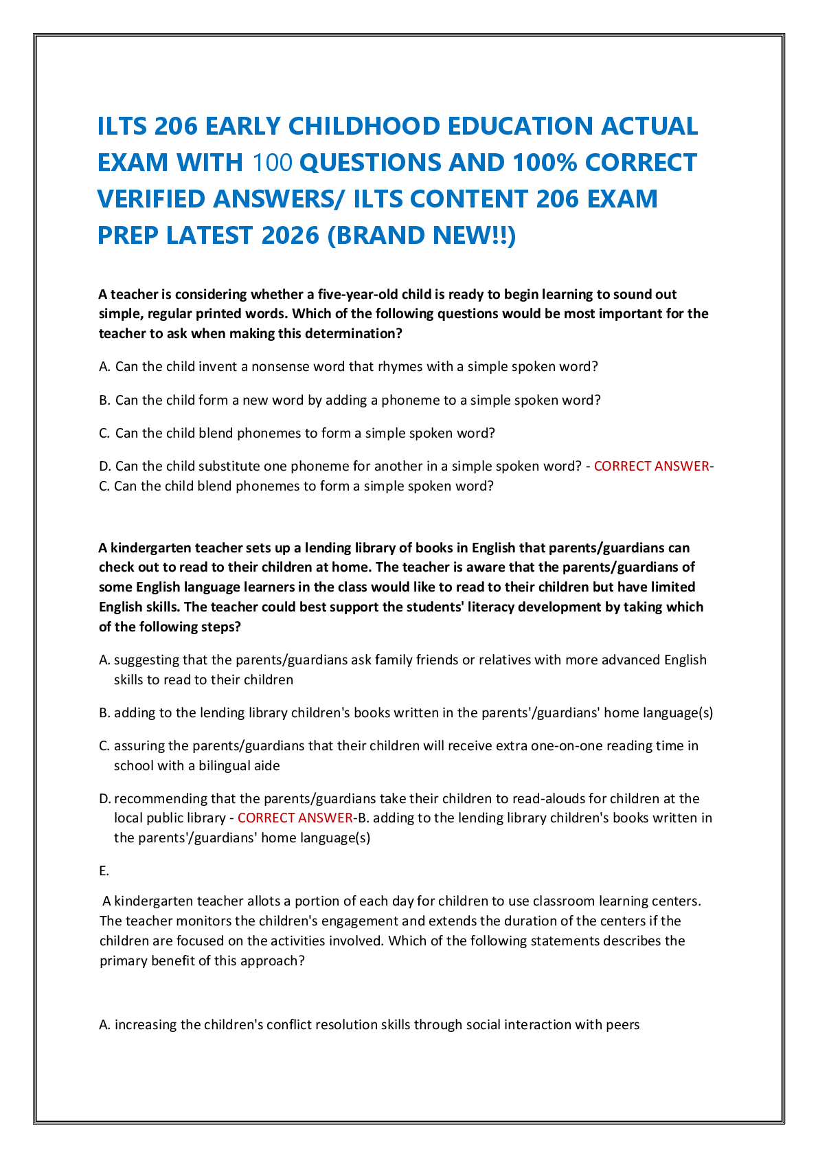 Recommended document preview for ILTS 206 EARLY CHILDHOOD EDUCATION ACTUAL    EXAM WITH 100 QUESTIONS AND 100% CORRECT    VERIFIED ANSWERS/ ILTS CONTENT 206 EXAM    PREP LATEST 2026 (BRAND NEW!!)