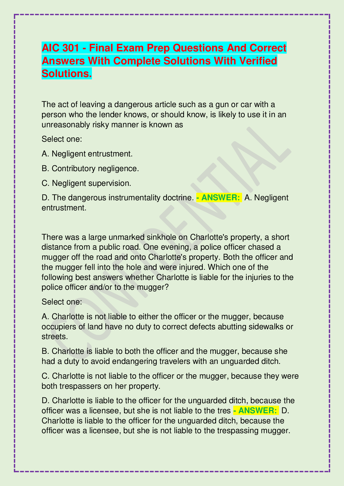 AIC 301 - Final Exam Prep Questions And Correct Answers With Complete Solutions With Verified Solutions.