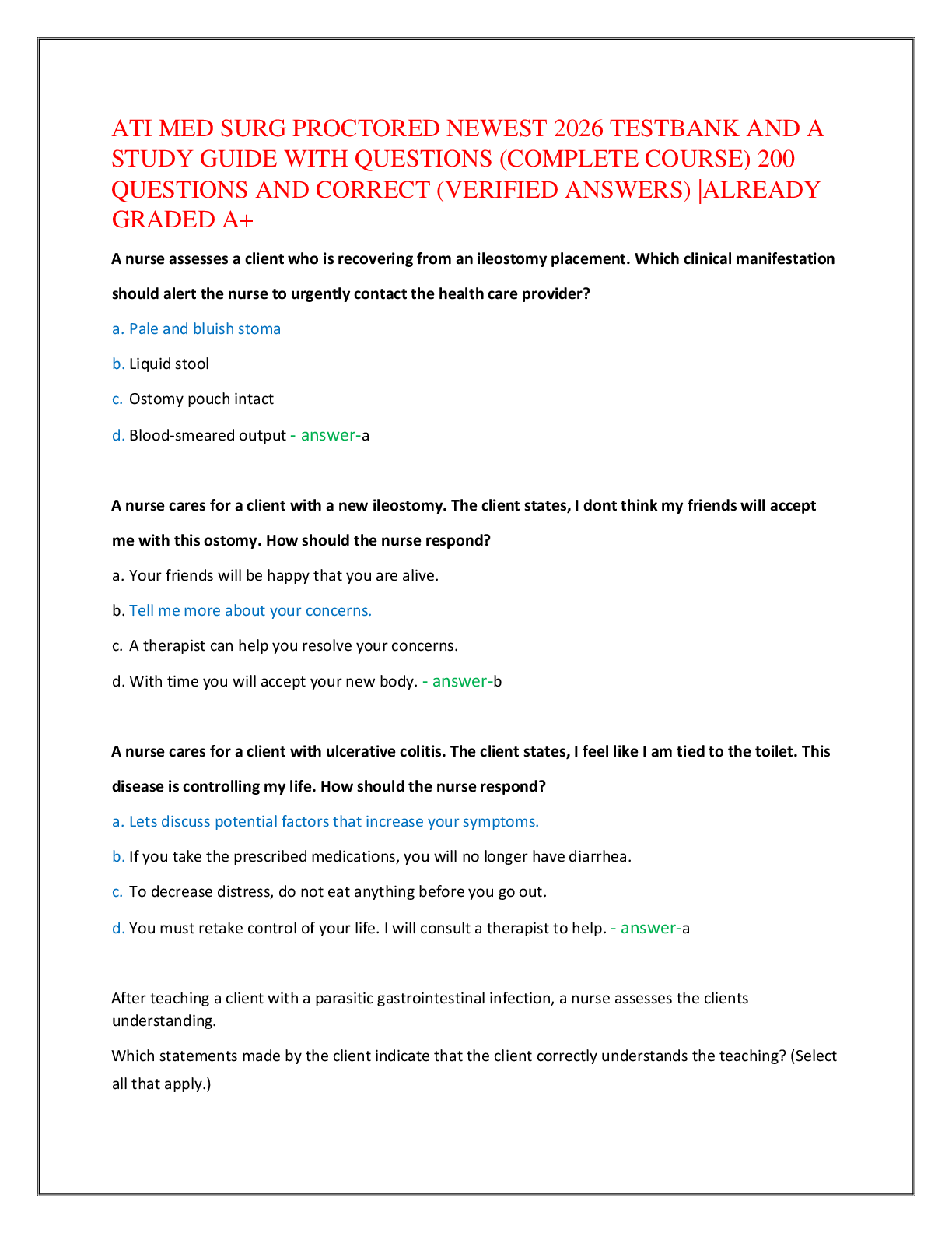 Recommended document preview for ATI MED SURG PROCTORED NEWEST 2026 TESTBANK AND A   STUDY GUIDE WITH QUESTIONS (COMPLETE COURSE) 200   QUESTIONS AND CORRECT (VERIFIED ANSWERS) |ALREADY  GRADED A+