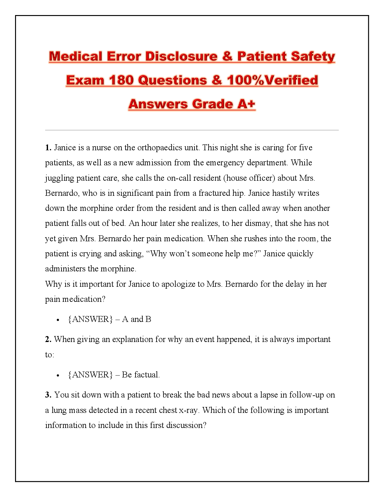 Preview of Medical Error Disclosure & Patient Safety Exam 180 Questions & 100%Verified Answers Grade
