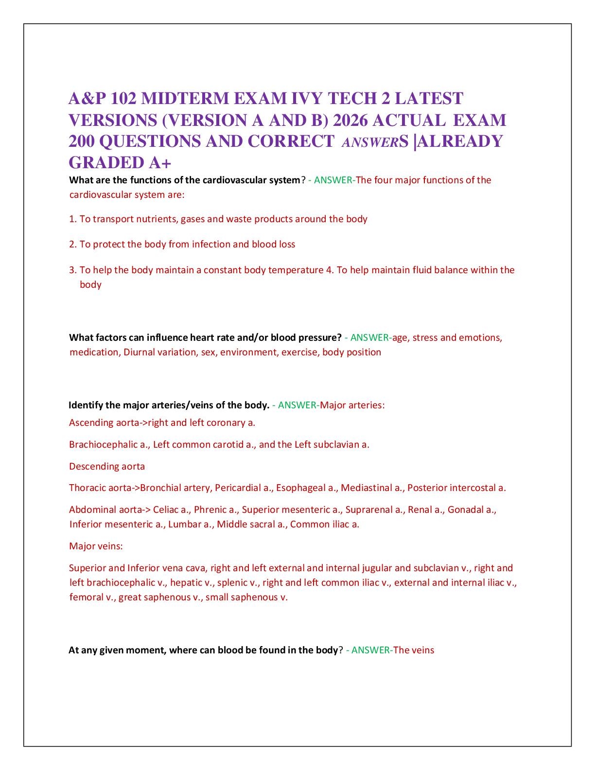 Recommended document preview for A&P 102 MIDTERM EXAM IVY TECH 2 LATEST     VERSIONS (VERSION A AND B) 2026 ACTUAL  EXAM  200 QUESTIONS AND CORRECT  ANSWERS |ALREADY  GRADED A+