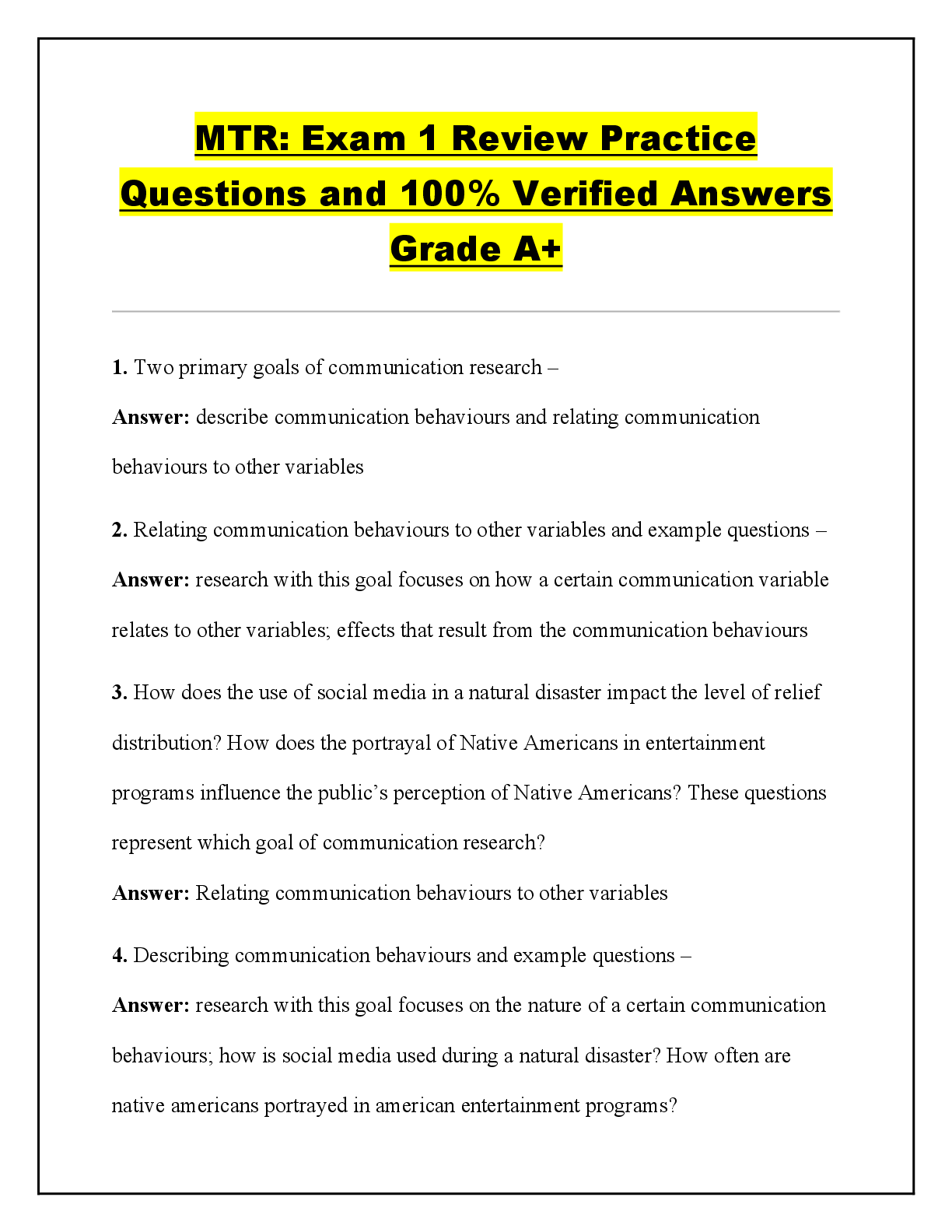 Recommended document preview for MTR: Exam 1 Review Practice Questions and 100% Verified Answers Grade A+
