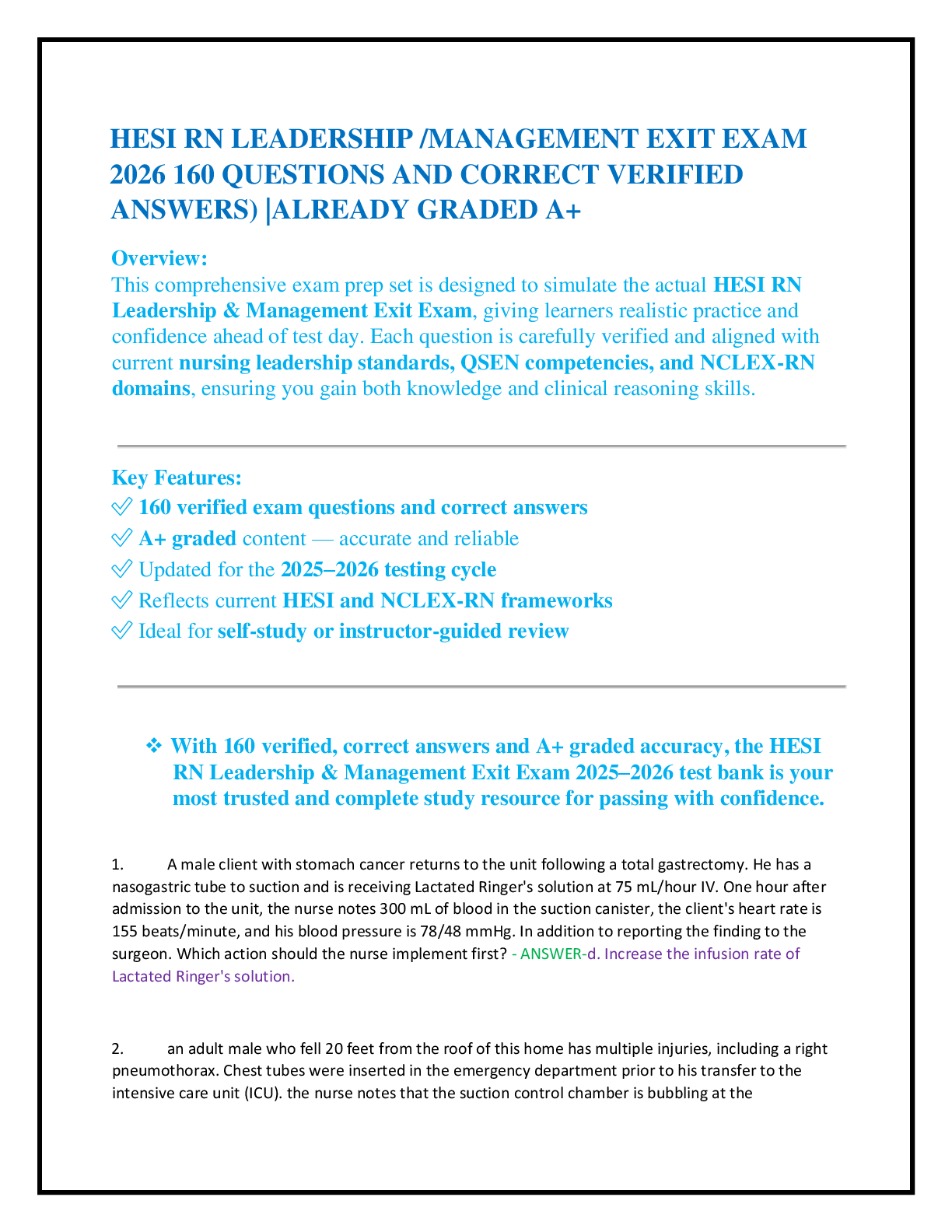 HESI RN LEADERSHIP /MANAGEMENT EXIT EXAM    2026 160 QUESTIONS AND CORRECT VERIFIED  ANSWERS) |ALREADY GRADED A+