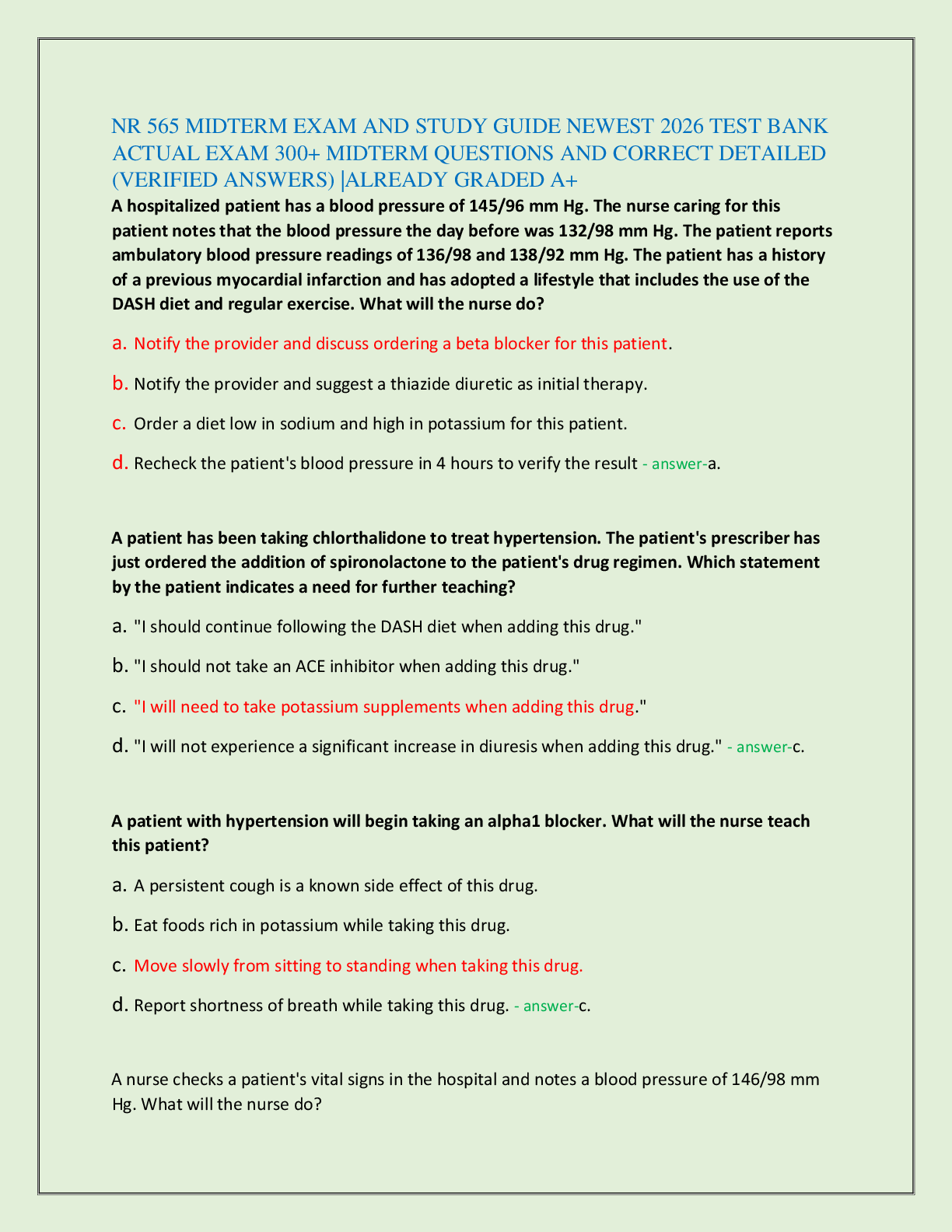 Recommended document preview for NR 565 MIDTERM EXAM AND STUDY GUIDE NEWEST 2026 TEST BANK  ACTUAL EXAM 300+ MIDTERM QUESTIONS AND CORRECT DETAILED  (VERIFIED ANSWERS) |ALREADY GRADED A+