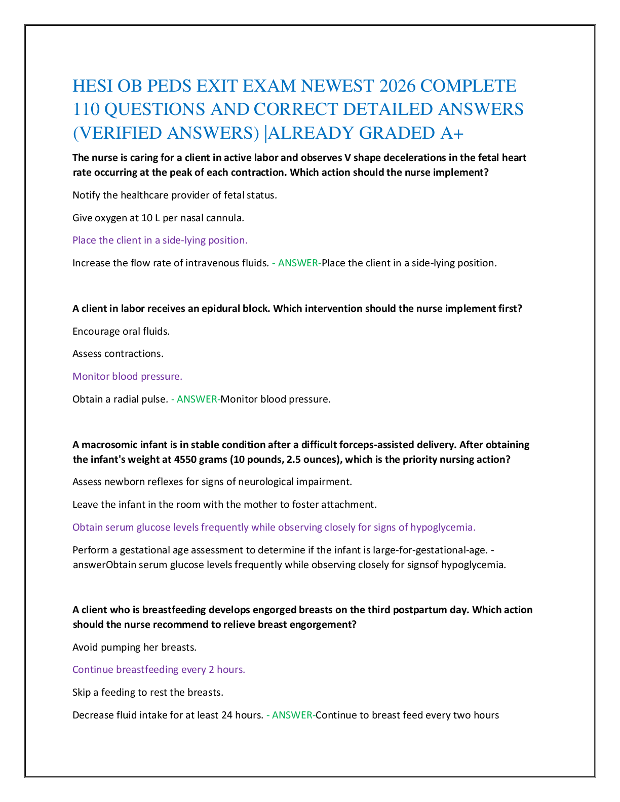 Recommended document preview for HESI OB PEDS EXIT EXAM NEWEST 2026 COMPLETE   110 QUESTIONS AND CORRECT DETAILED ANSWERS  (VERIFIED ANSWERS) |ALREADY GRADED A+