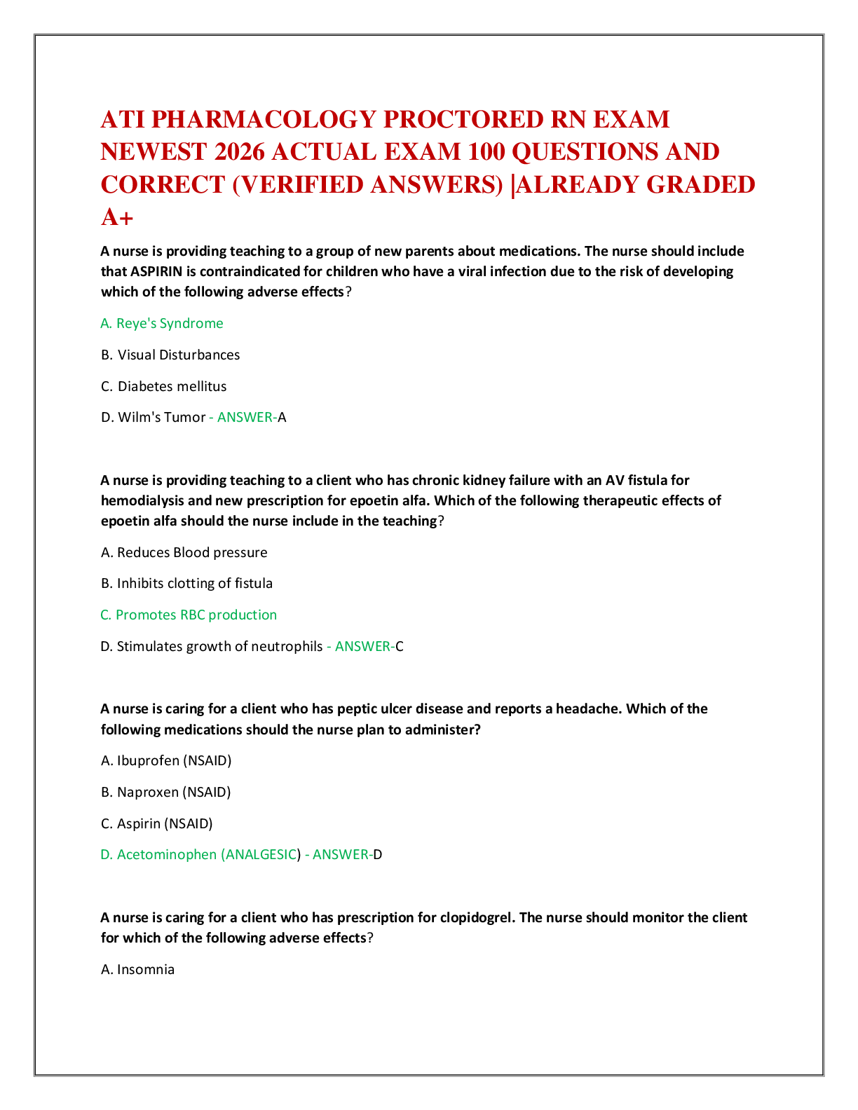 Recommended document preview for ATI PHARMACOLOGY PROCTORED RN EXAM   NEWEST 2026 ACTUAL EXAM 100 QUESTIONS AND   CORRECT (VERIFIED ANSWERS) |ALREADY GRADED  A+