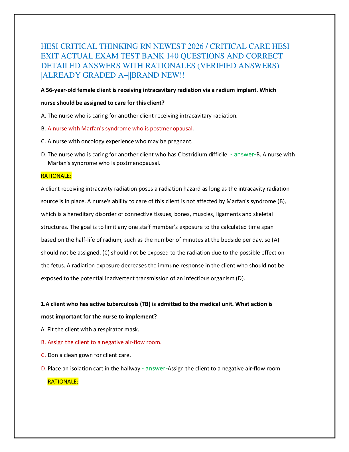 Recommended document preview for HESI CRITICAL THINKING RN NEWEST 2026 / CRITICAL CARE HESI   EXIT ACTUAL EXAM TEST BANK 140 QUESTIONS AND CORRECT  DETAILED ANSWERS WITH RATIONALES (VERIFIED ANSWERS)  |ALREADY GRADED A+||BRAND NEW!!