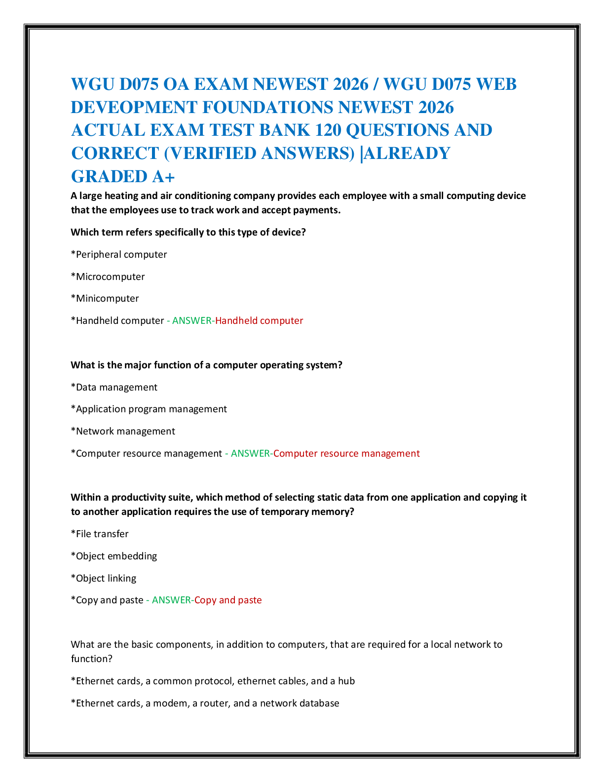 Recommended document preview for WGU D075 OA EXAM NEWEST 2026 / WGU D075 WEB   DEVEOPMENT FOUNDATIONS NEWEST 2026  ACTUAL EXAM TEST BANK 120 QUESTIONS AND  CORRECT (VERIFIED ANSWERS) |ALREADY  GRADED A+