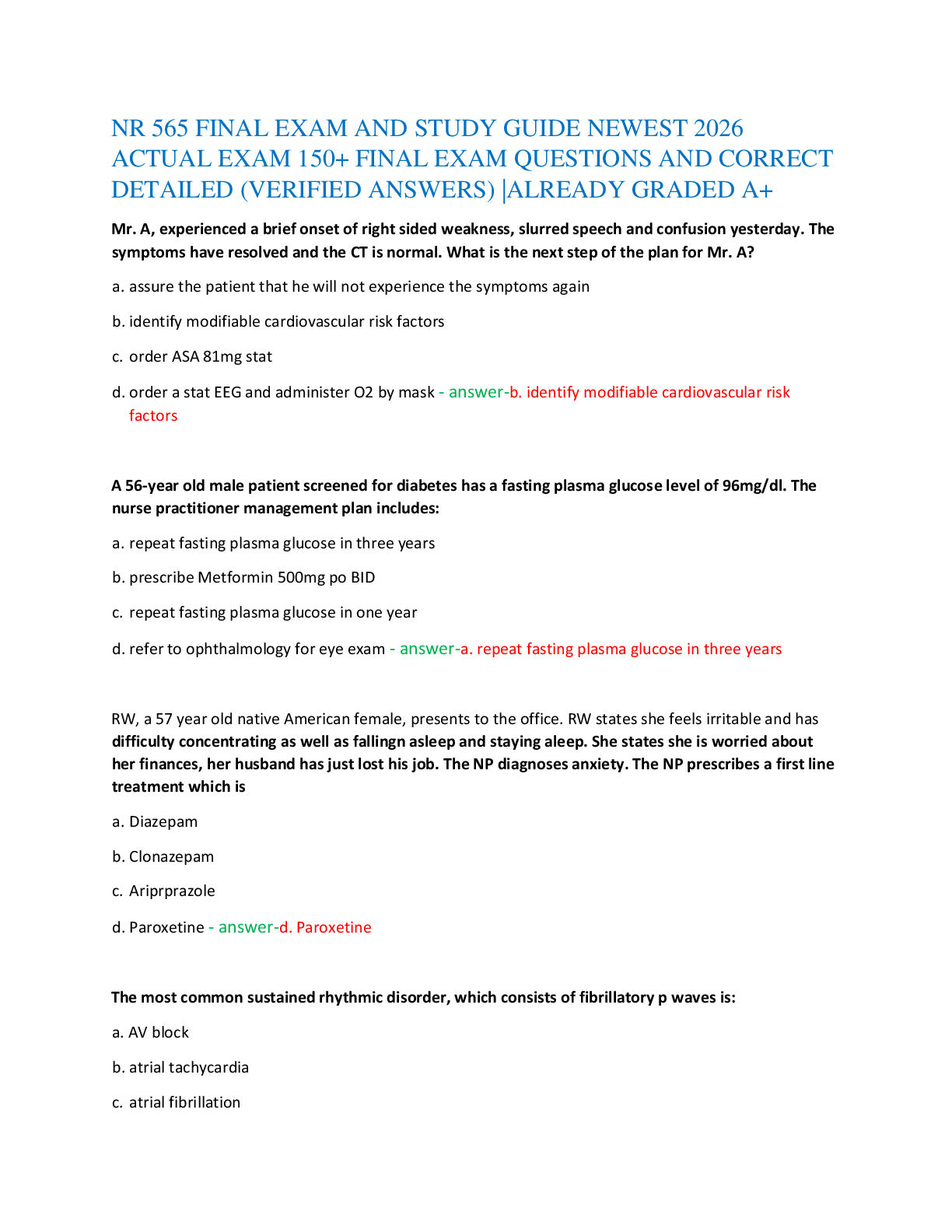 Preview of NR 565 FINAL EXAM AND STUDY GUIDE NEWEST 2026   ACTUAL EXAM 150+ FINAL EXAM QUESTIONS AND