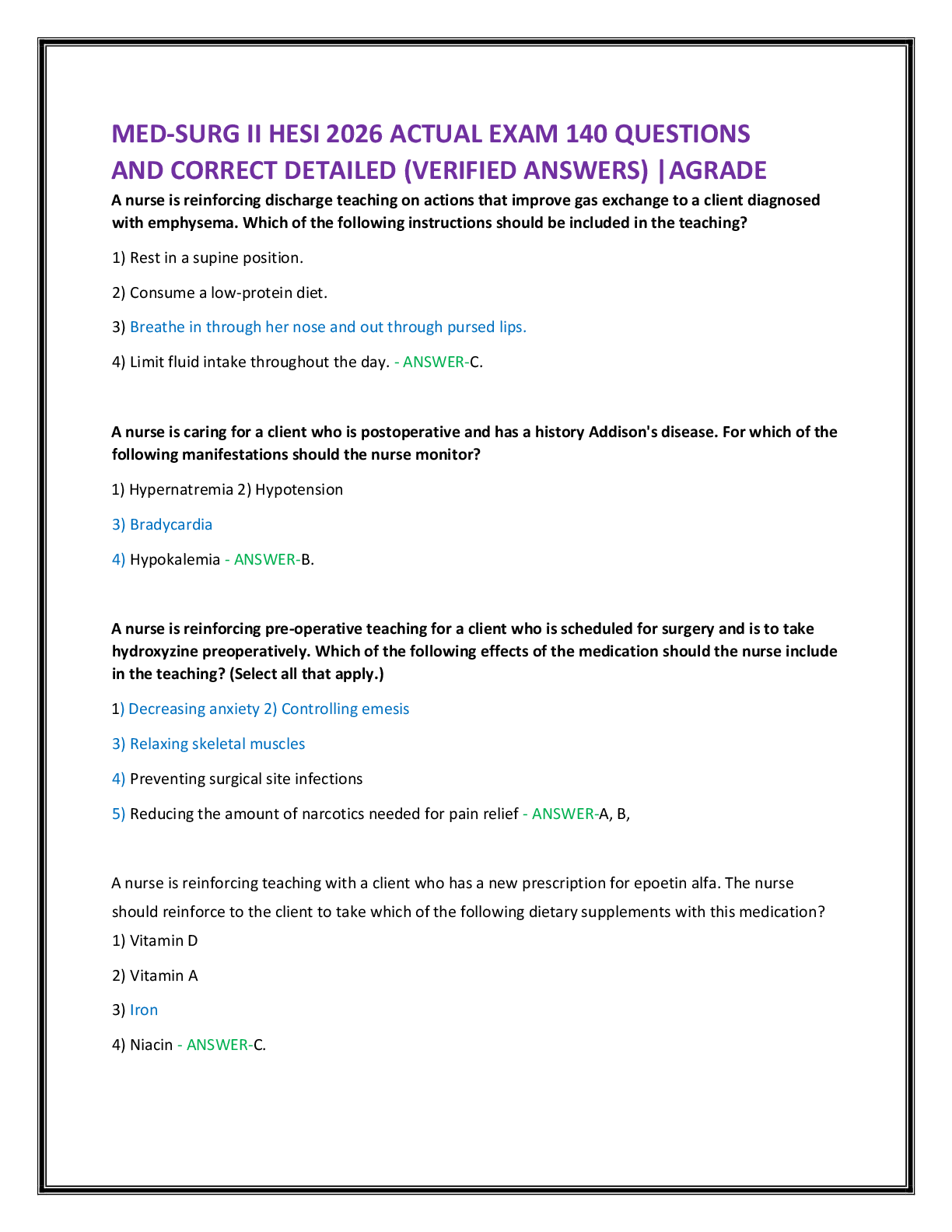 Preview of MED-SURG II HESI 2026 ACTUAL EXAM 140 QUESTIONS   AND CORRECT DETAILED (VERIFIED ANSWERS)