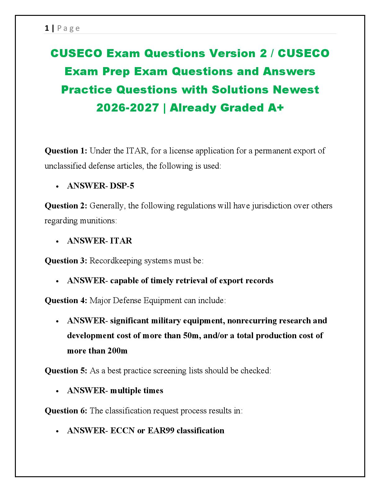 Recommended document preview for CUSECO Exam Questions Version 2 / CUSECO Exam Prep Exam Questions and Answers Practice Questions with Solutions Newest 2026-2027 | Already Graded A+