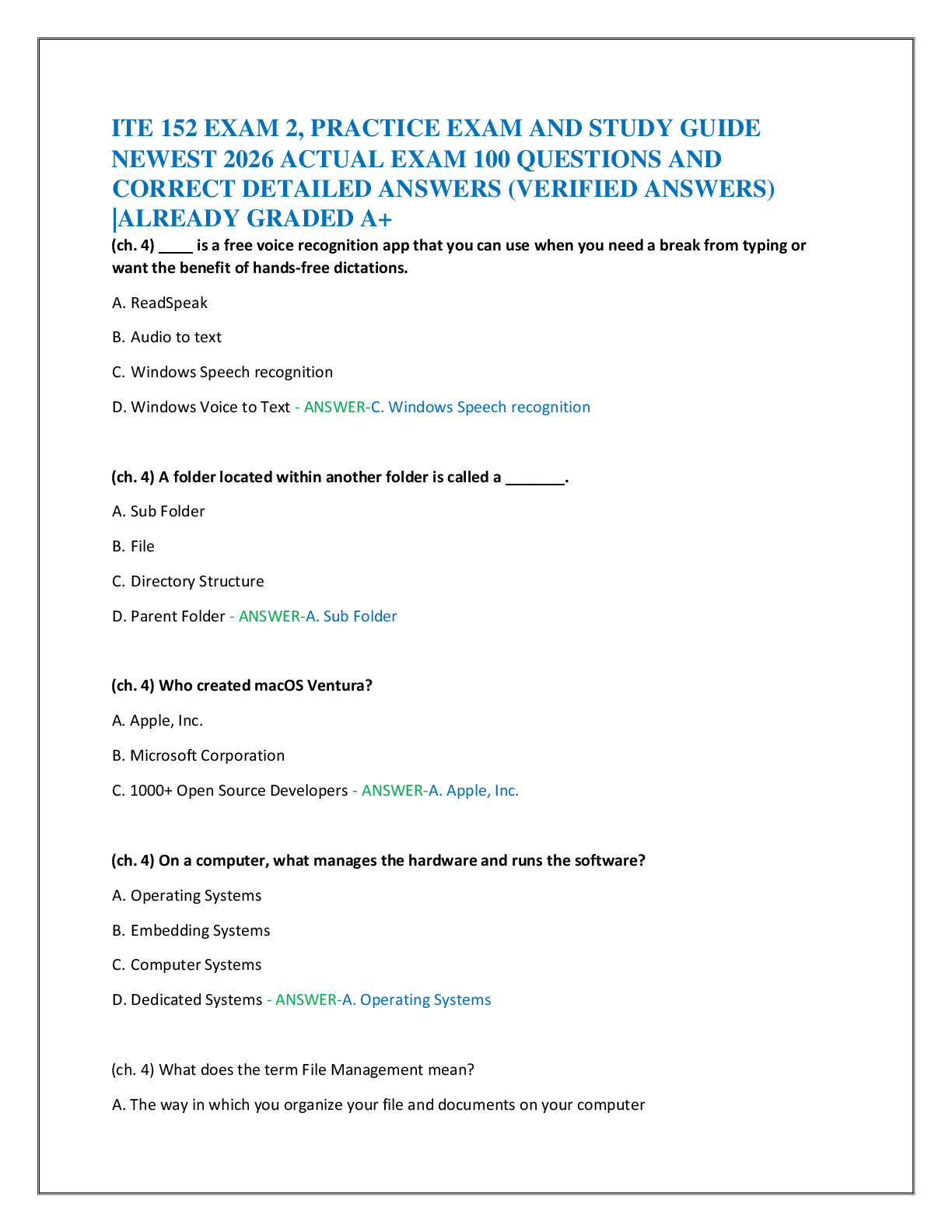 Recommended document preview for ITE 152 EXAM 2, PRACTICE EXAM AND STUDY GUIDE   NEWEST 2026 ACTUAL EXAM 100 QUESTIONS AND  CORRECT DETAILED ANSWERS (VERIFIED ANSWERS)  |ALREADY GRADED A+