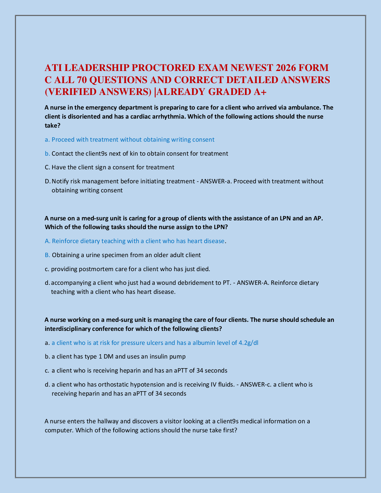 ATI LEADERSHIP PROCTORED EXAM NEWEST 2026 FORM   C ALL 70 QUESTIONS AND CORRECT DETAILED ANSWERS  (VERIFIED ANSWERS) |ALREADY GRADED A+
