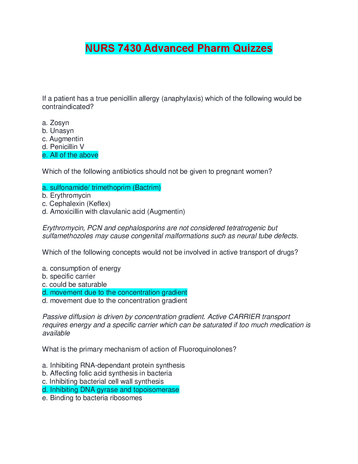 Preview image for NURS 7430 Advanced Pharm Quizzes | Complete Solutions (Verified Answers)