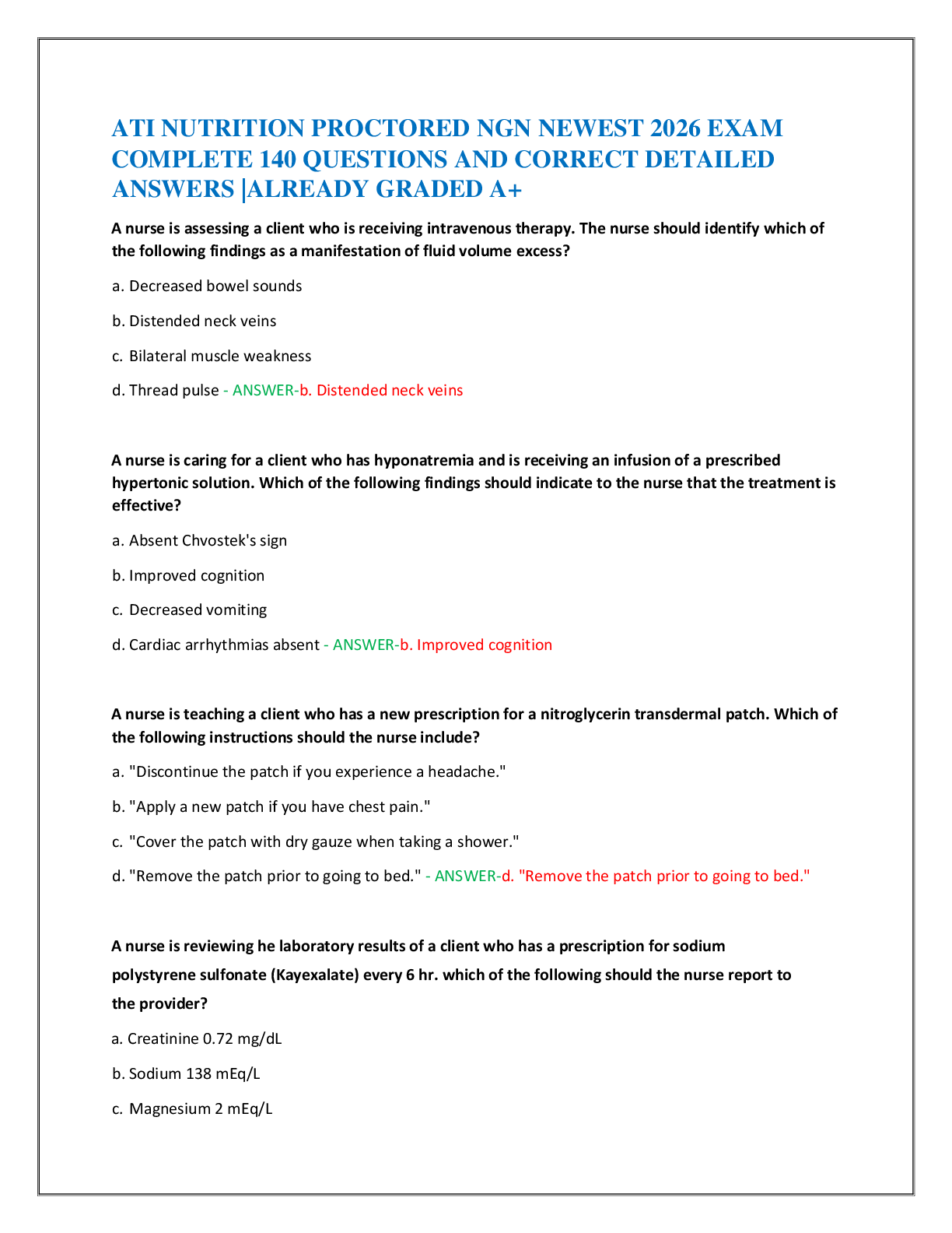 Recommended document preview for ATI NUTRITION PROCTORED NGN NEWEST 2026 EXAM   COMPLETE 140 QUESTIONS AND CORRECT DETAILED  ANSWERS |ALREADY GRADED A+