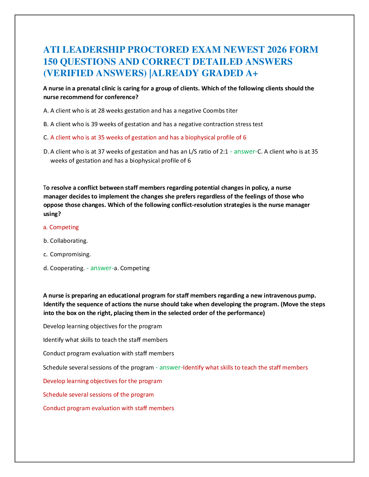 Recommended document preview for ATI LEADERSHIP PROCTORED EXAM NEWEST 2026 FORM   150 QUESTIONS AND CORRECT DETAILED ANSWERS  (VERIFIED ANSWERS) |ALREADY GRADED A+