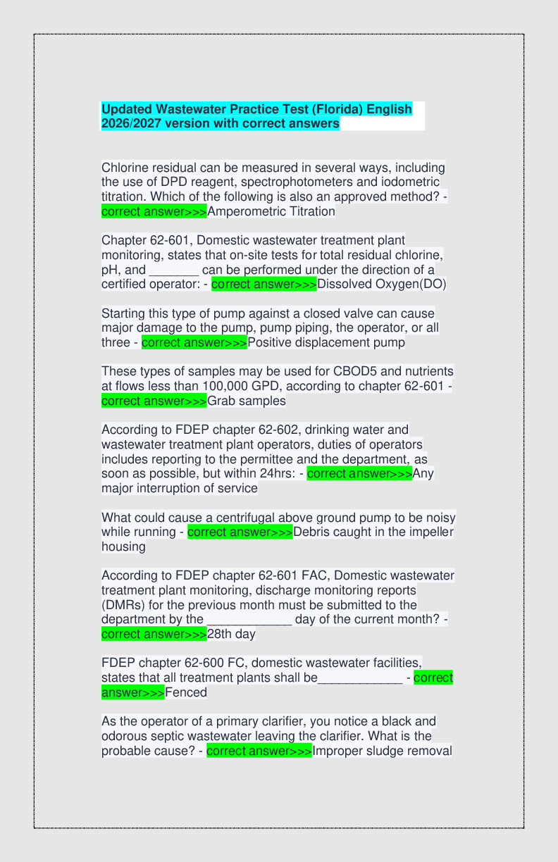 Recommended document preview for Updated Wastewater Practice Test (Florida) English 2026/2027 version with correct answers