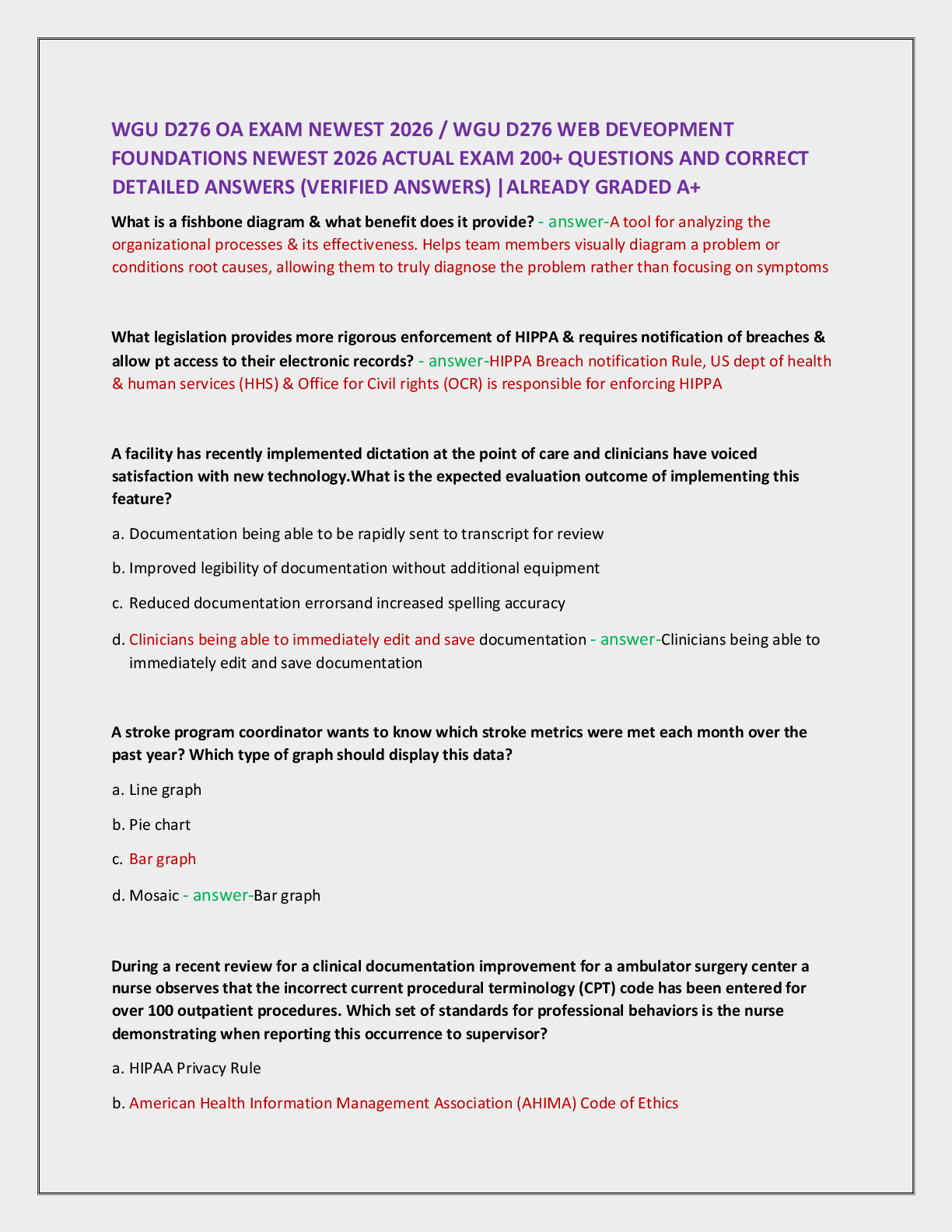 Recommended document preview for WGU D276 OA EXAM NEWEST 2026 / WGU D276 WEB DEVEOPMENT   FOUNDATIONS NEWEST 2026 ACTUAL EXAM 200+ QUESTIONS AND CORRECT  DETAILED ANSWERS (VERIFIED ANSWERS) |ALREADY GRADED A+