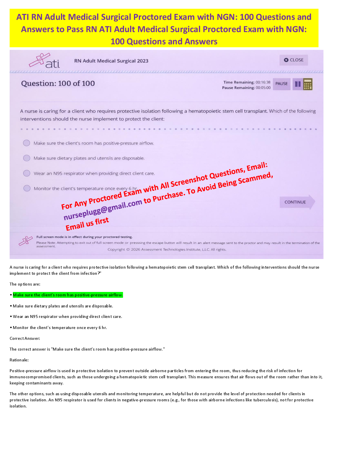 Preview image for Gain access to the ATI RN Adult Medical Surgical 2023-2026 Proctored Exam with NGN featuring 100 questions and answers.