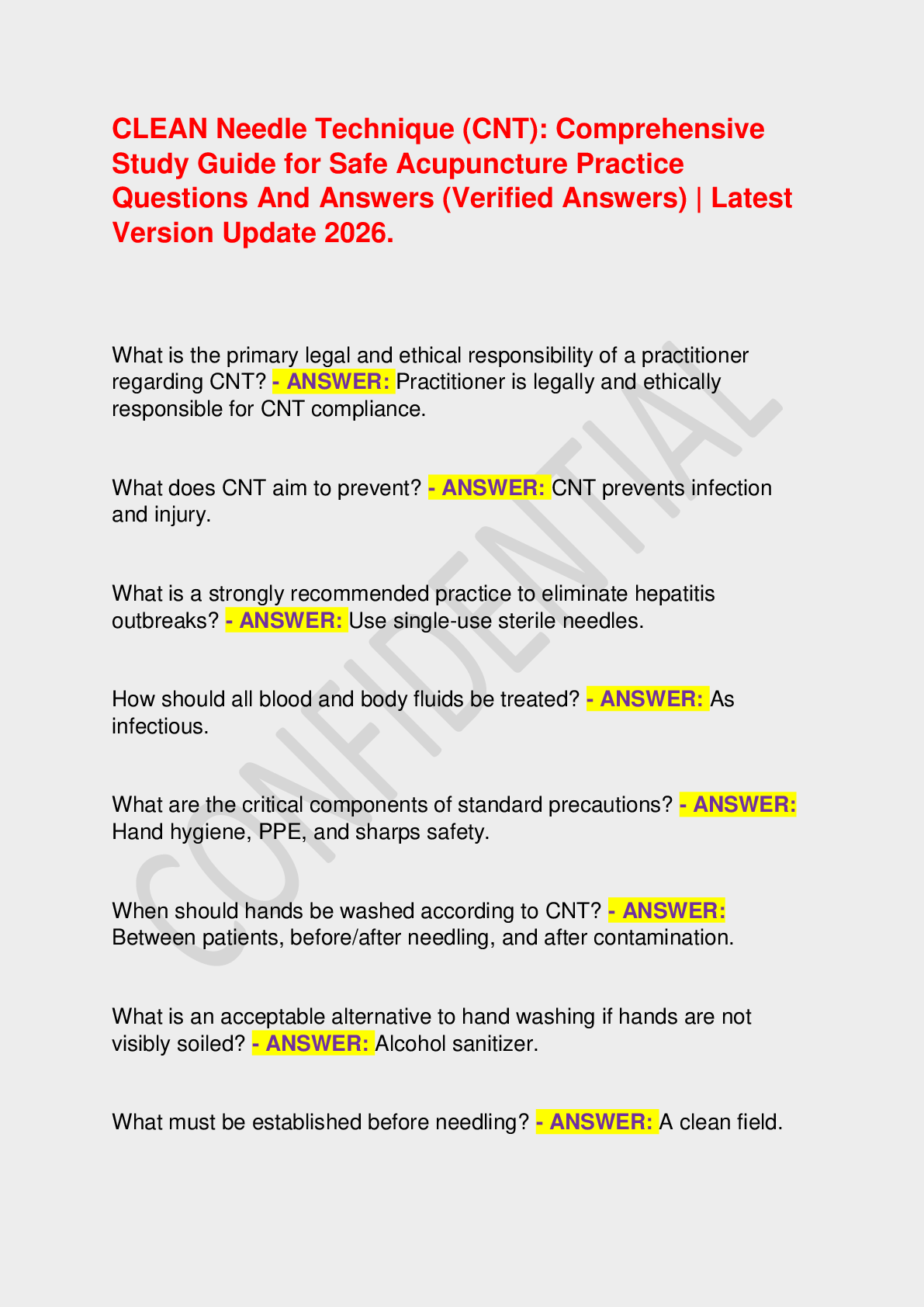 Recommended document preview for CLEAN Needle Technique (CNT): Comprehensive Study Guide for Safe Acupuncture Practice Questions And Answers (Verified Answers) | Latest Version Update 2026.