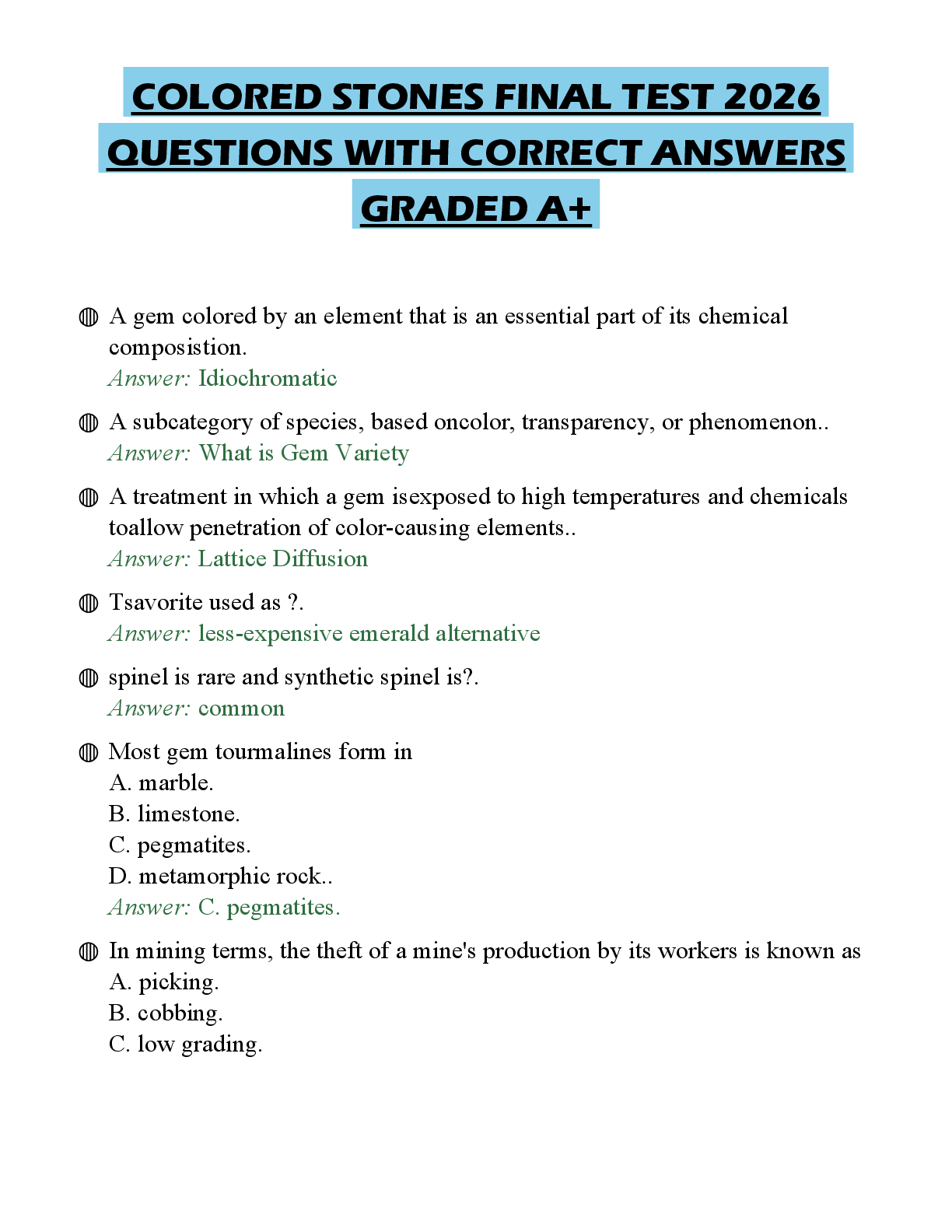 Recommended document preview for COLORED STONES COMPREHENSIVE STUDY GUIDE 2026 FULL QUESTIONS AND SOLUTIONS GRADED A+