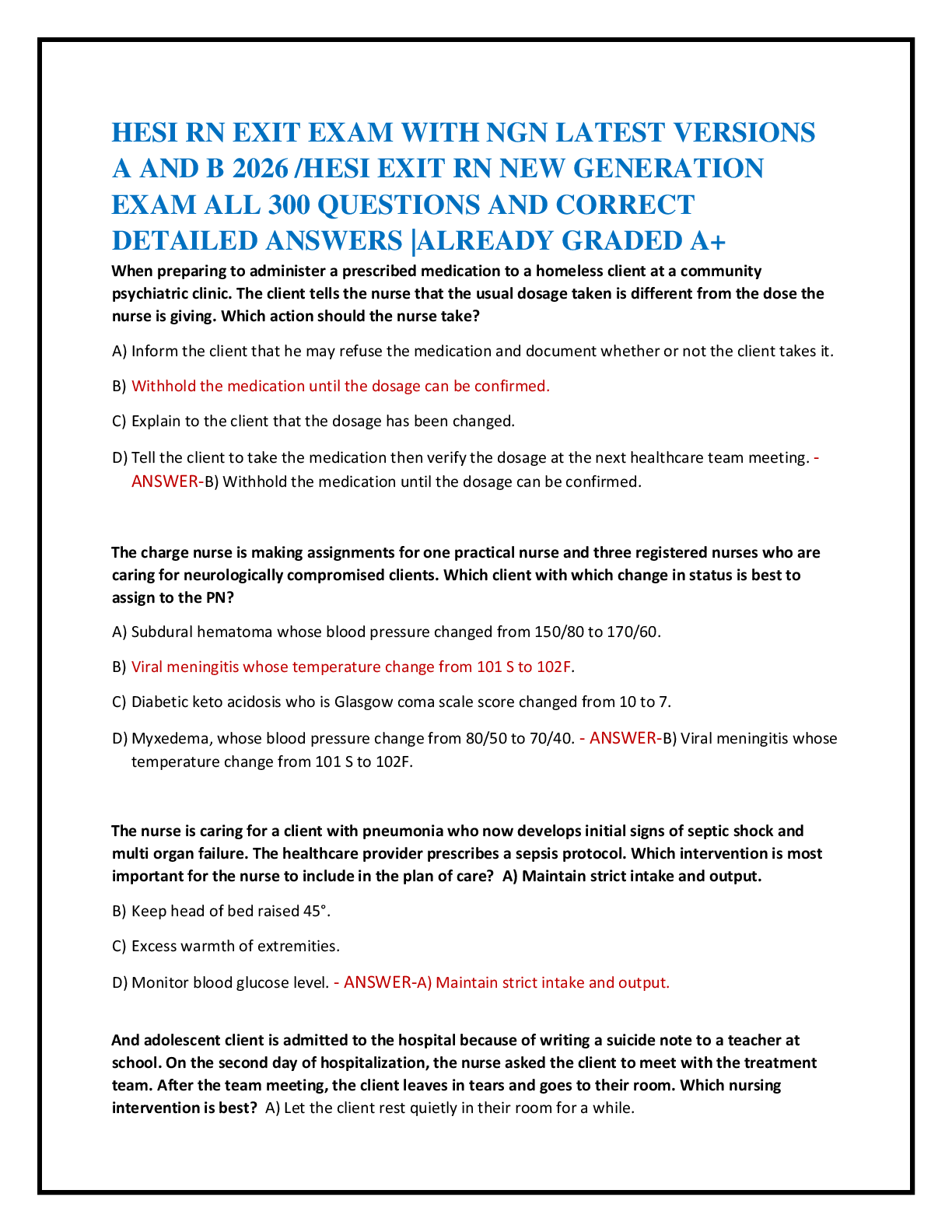 Recommended document preview for HESI RN EXIT EXAM WITH NGN LATEST VERSIONS  A AND B 2026 /HESI EXIT RN NEW GENERATION   EXAM ALL 300 QUESTIONS AND CORRECT  DETAILED ANSWERS |ALREADY GRADED A+