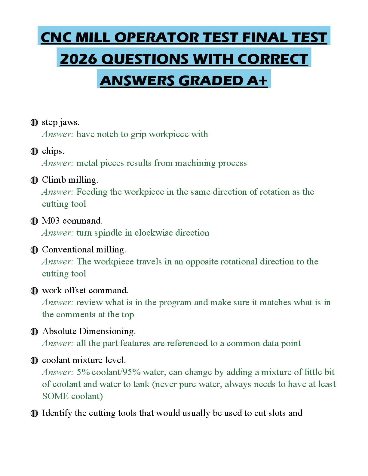 Recommended document preview for CNC MILL OPERATOR TEST FINAL TEST 2026 QUESTIONS WITH CORRECT ANSWERS GRADED A+