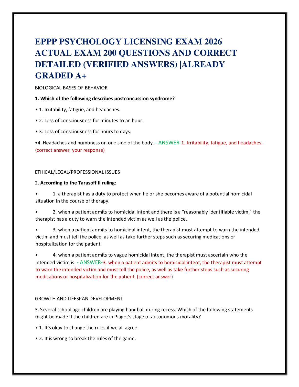 Recommended document preview for EPPP PSYCHOLOGY LICENSING EXAM 2026   ACTUAL EXAM 200 QUESTIONS AND CORRECT   DETAILED (VERIFIED ANSWERS) |ALREADY  GRADED A+