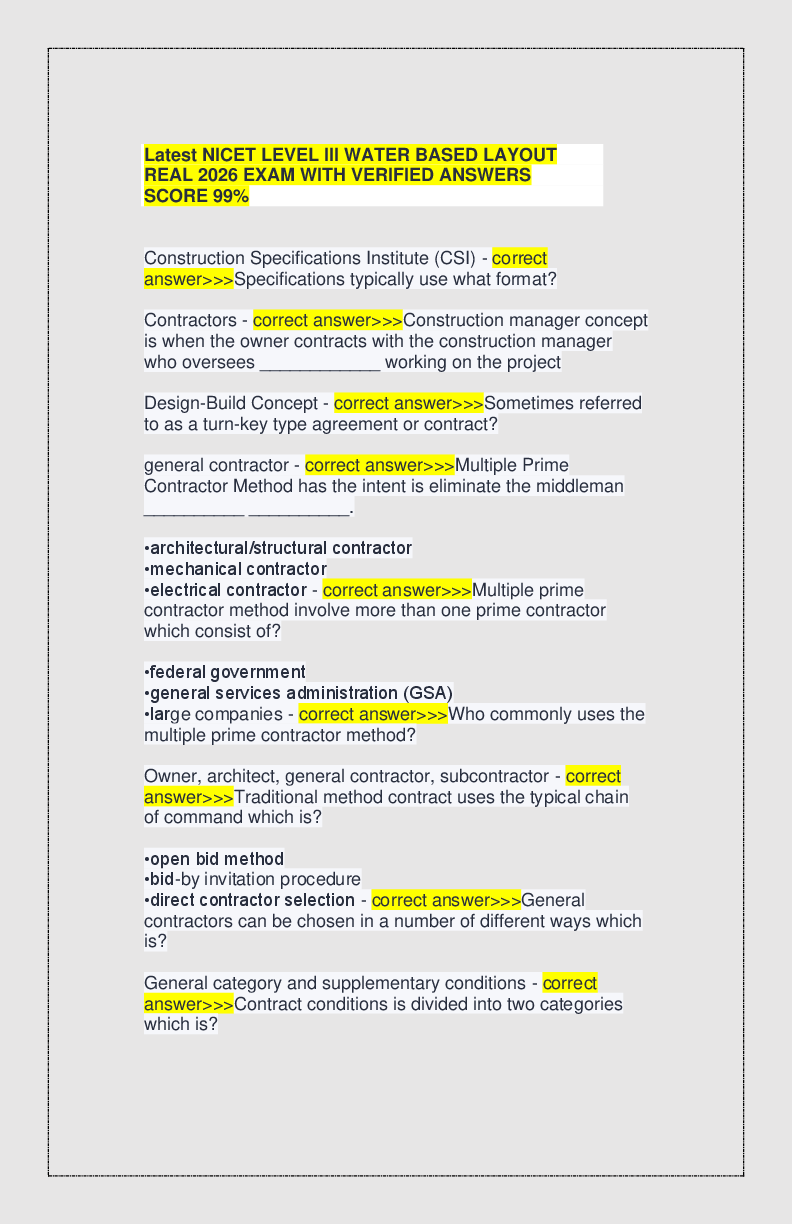Recommended document preview for Latest NICET LEVEL III WATER BASED LAYOUT REAL 2026 EXAM WITH VERIFIED ANSWERS SCORE 99%