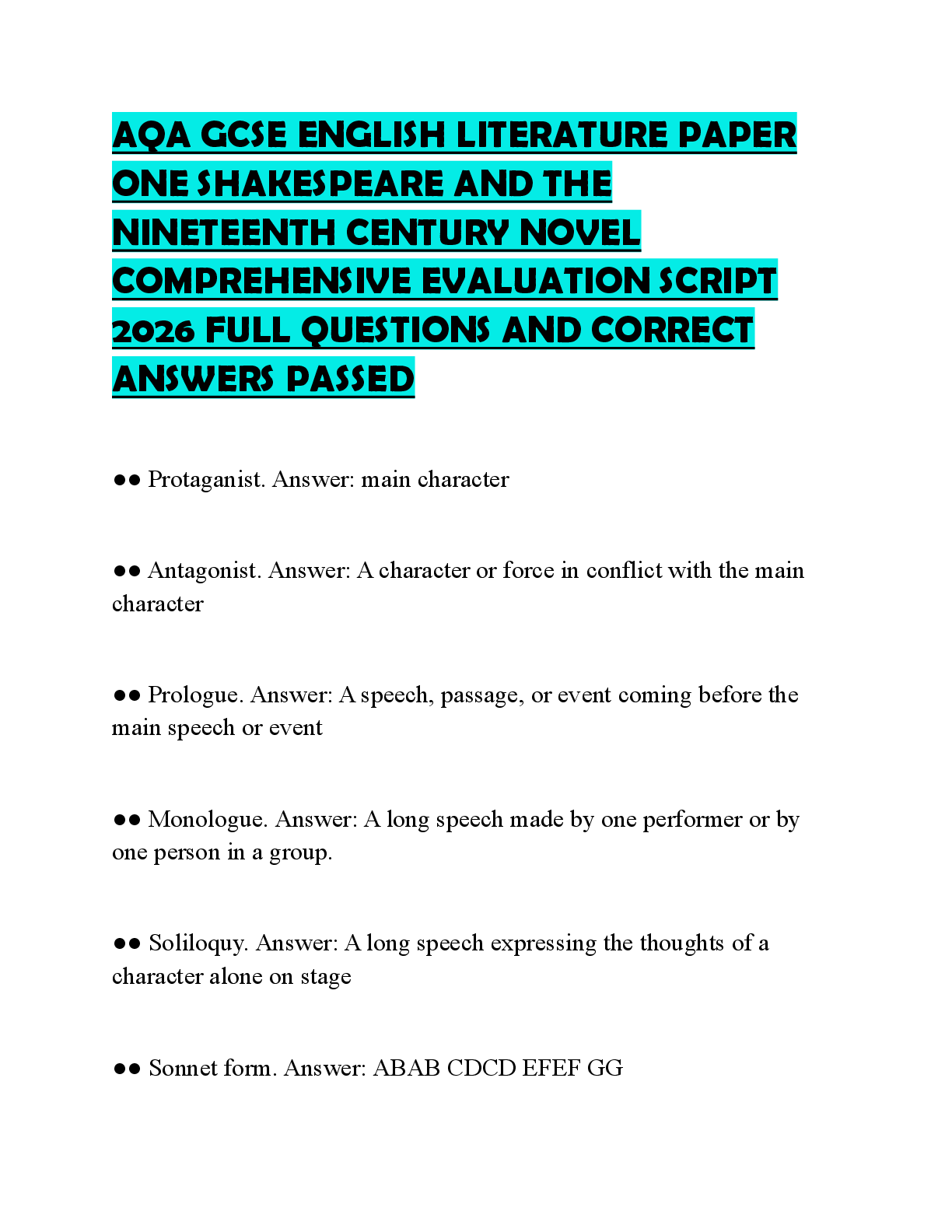 Recommended document preview for AQA GCSE ENGLISH LITERATURE PAPER ONE SHAKESPEARE AND THE NINETEENTH CENTURY NOVEL COMPREHENSIVE EVALUATION SCRIPT 2026 FULL QUESTIONS AND CORRECT ANSWERS PASSED