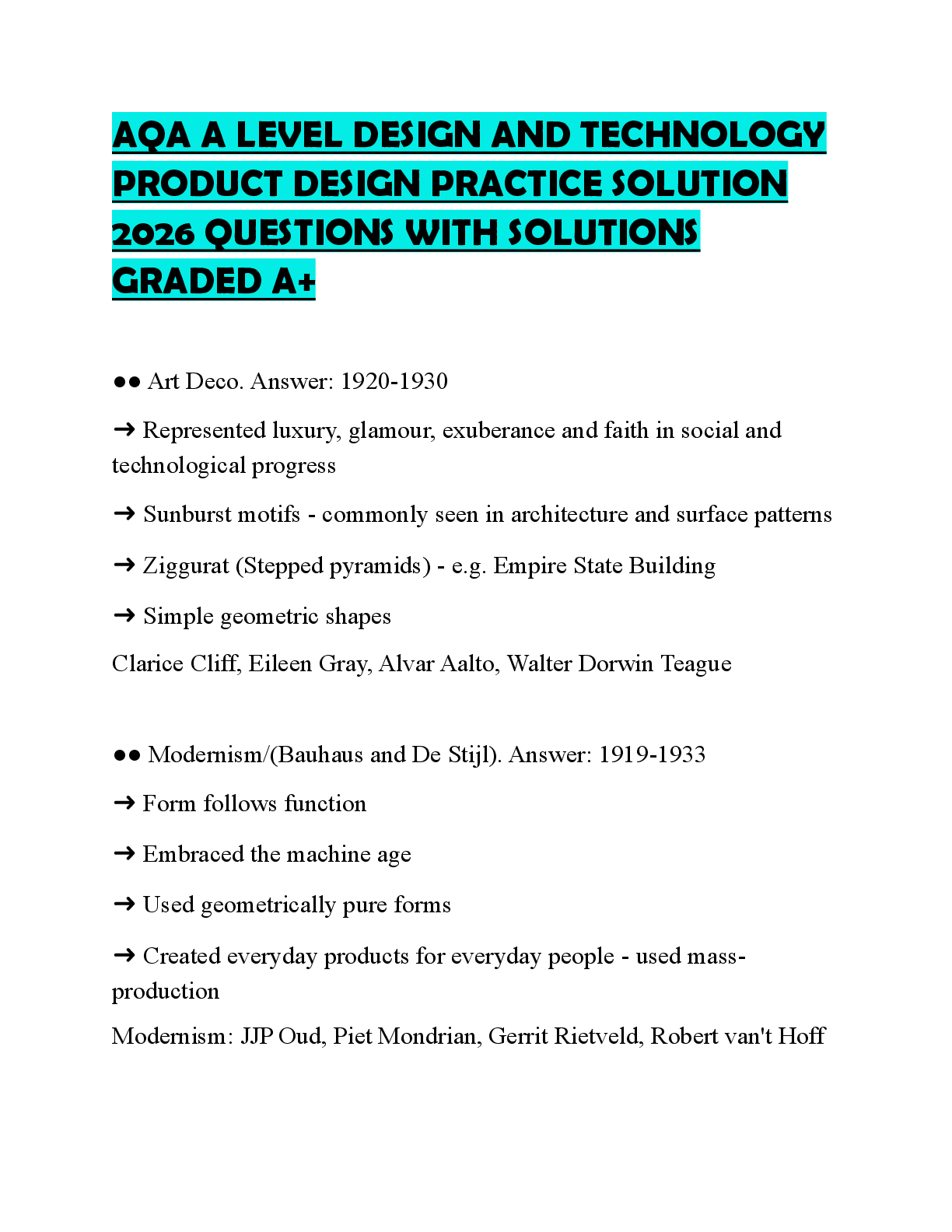 Recommended document preview for AQA A LEVEL DESIGN AND TECHNOLOGY PRODUCT DESIGN PRACTICE SOLUTION 2026 QUESTIONS WITH SOLUTIONS GRADED A+