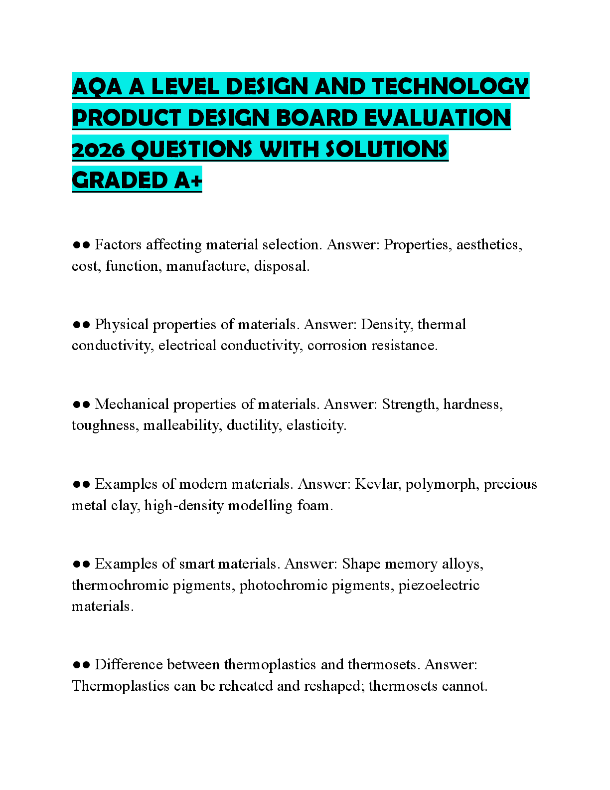 Recommended document preview for AQA A LEVEL DESIGN AND TECHNOLOGY PRODUCT DESIGN BOARD EVALUATION 2026 QUESTIONS WITH SOLUTIONS GRADED A+
