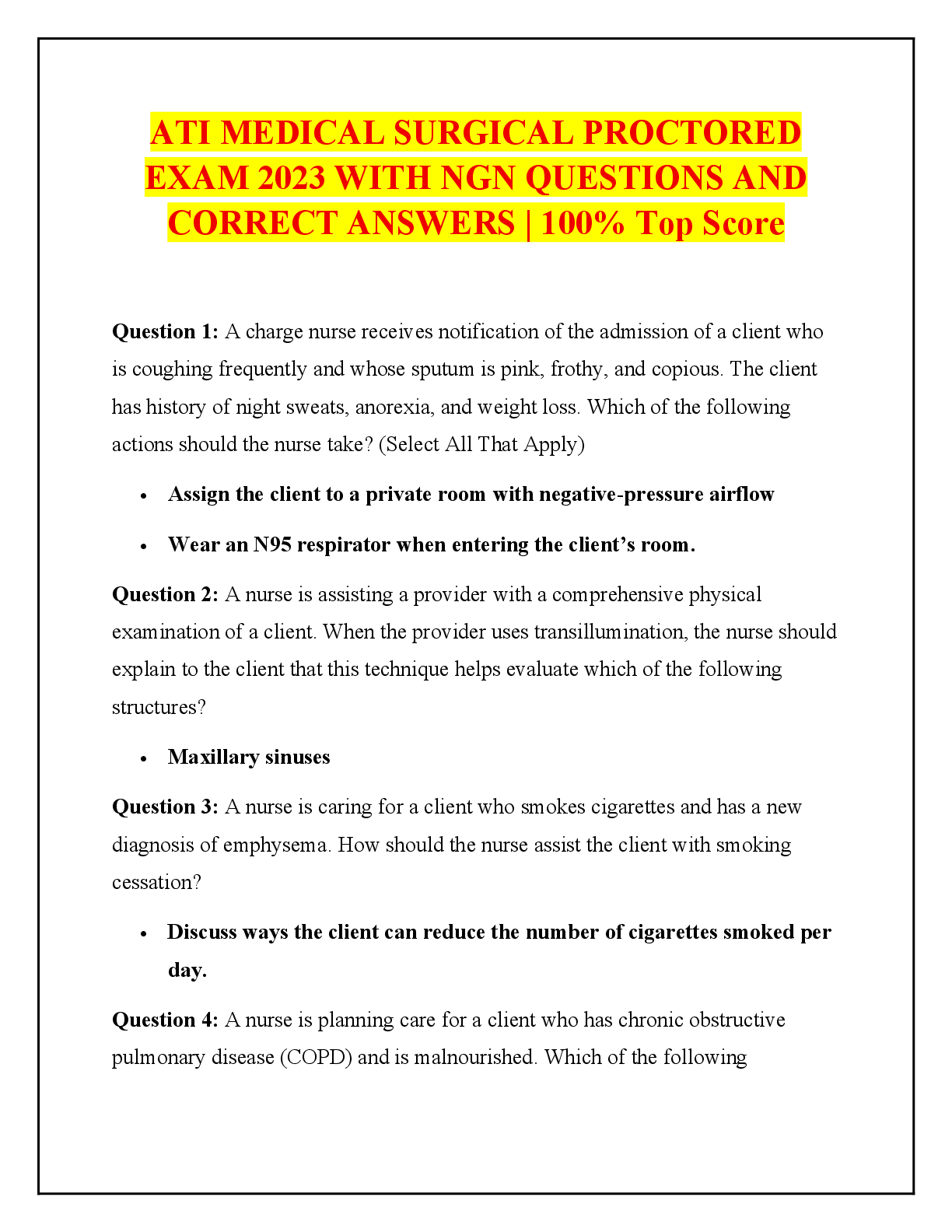 Recommended document preview for MEDICAL SURGICAL PROCTORED EXAM 2023 WITH NGN QUESTIONS AND CORRECT ANSWERS | 100% Top Score