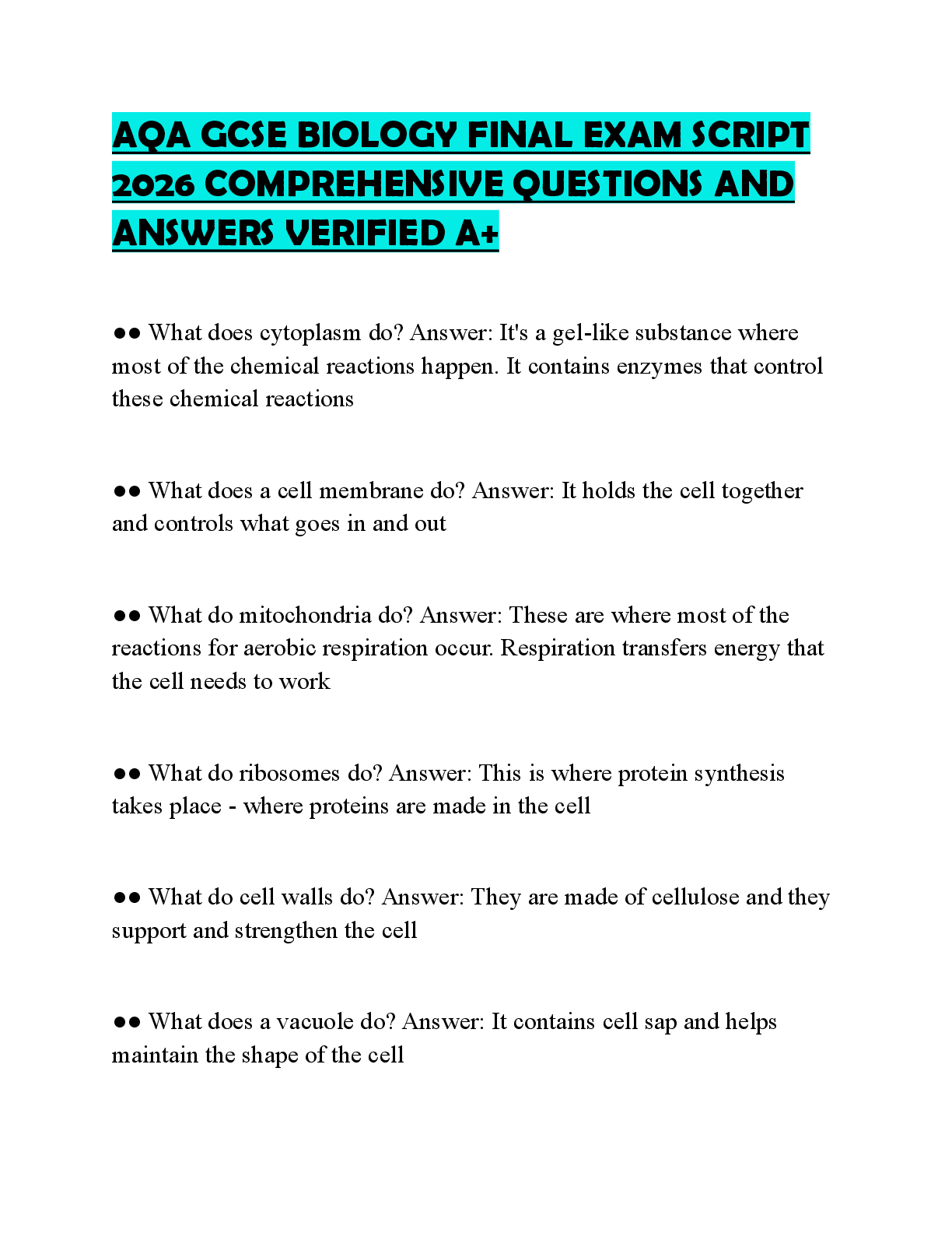 Recommended document preview for AQA GCSE BIOLOGY FINAL EXAM SCRIPT 2026 COMPREHENSIVE QUESTIONS AND ANSWERS VERIFIED A+