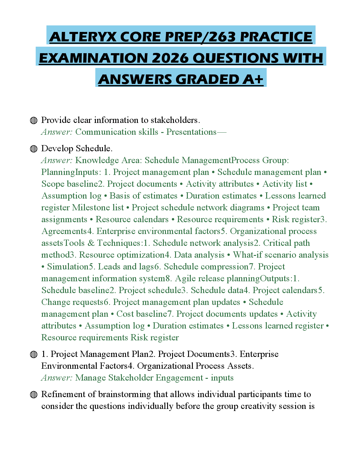 Recommended document preview for ALTERYX CORE PREP/263 PRACTICE EXAMINATION 2026 QUESTIONS WITH ANSWERS GRADED A+