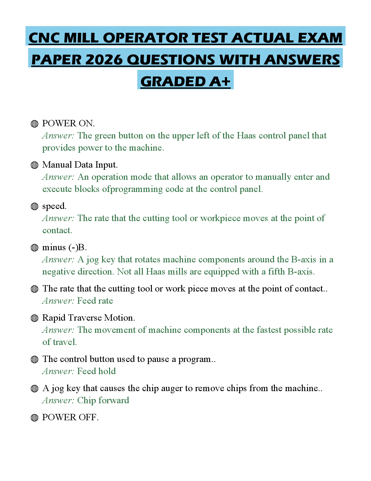 Preview of CNC MILL OPERATOR TEST ACTUAL EXAM PAPER 2026 QUESTIONS WITH ANSWERS GRADED A+
